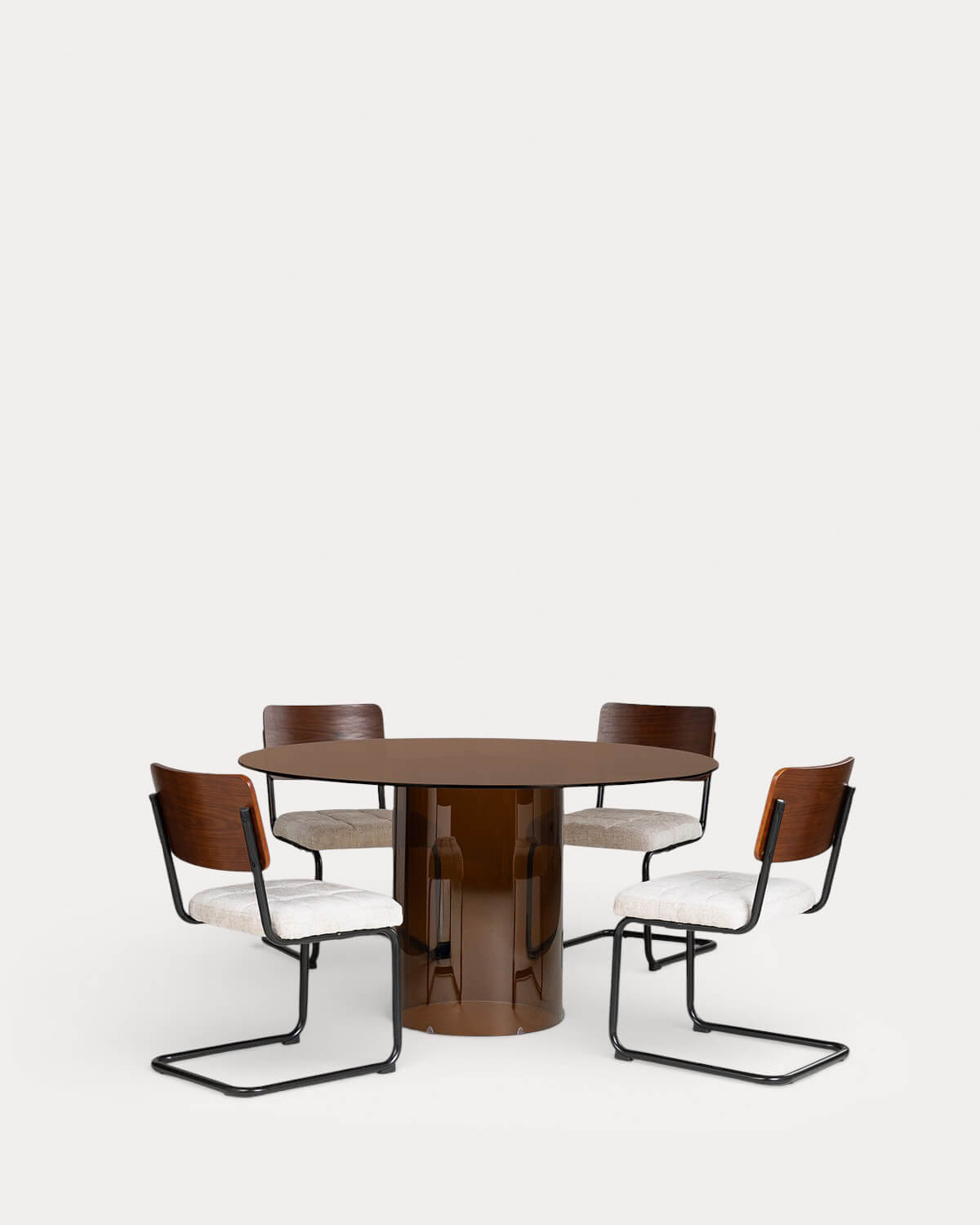 Set Kolu - Cuba - Set de Mesa de Comedor Redonda de Cristal Templado (Ø140 cm) Kolu y 4 Sillas de Madera y Tela Cuba