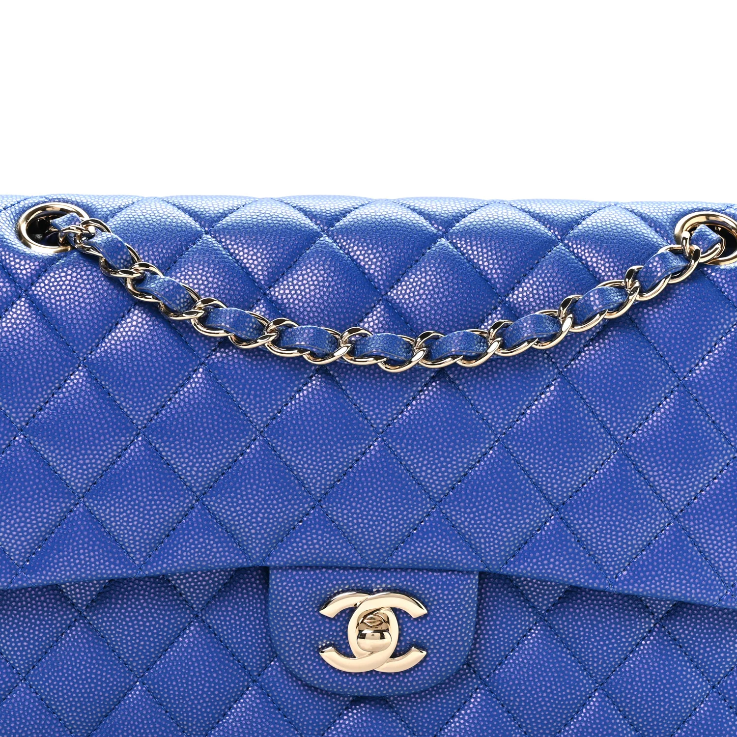 Iridescent Caviar Quilted Medium Double Flap Blue