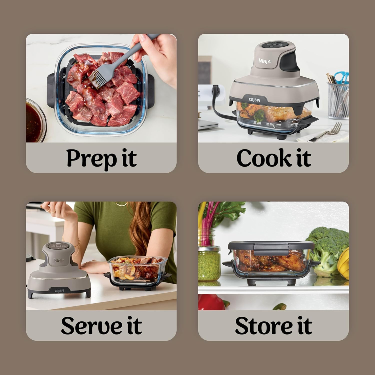 Ninja Crispi Glass Air Fryer, 4-in-1, Stone, FN101ST| Max crisp, bake, air fry, recrisp, 450F max, 4 Qt and 6 Cup containers, PFAS-free glass