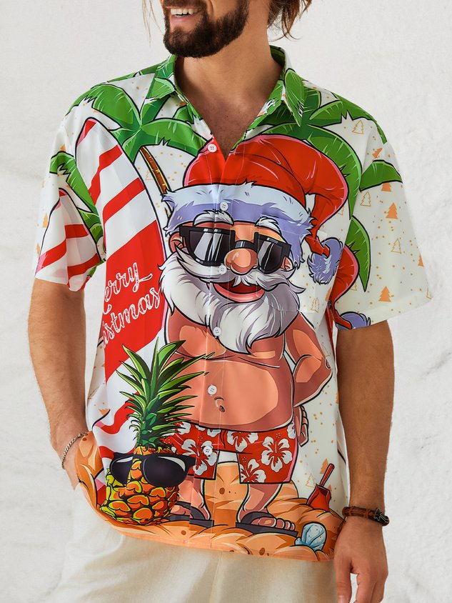 Chemise hawaïenne décontractée pour homme, imprimée Père Noël surfant, boutons sur le devant, douce et respirante, poche poitrine.