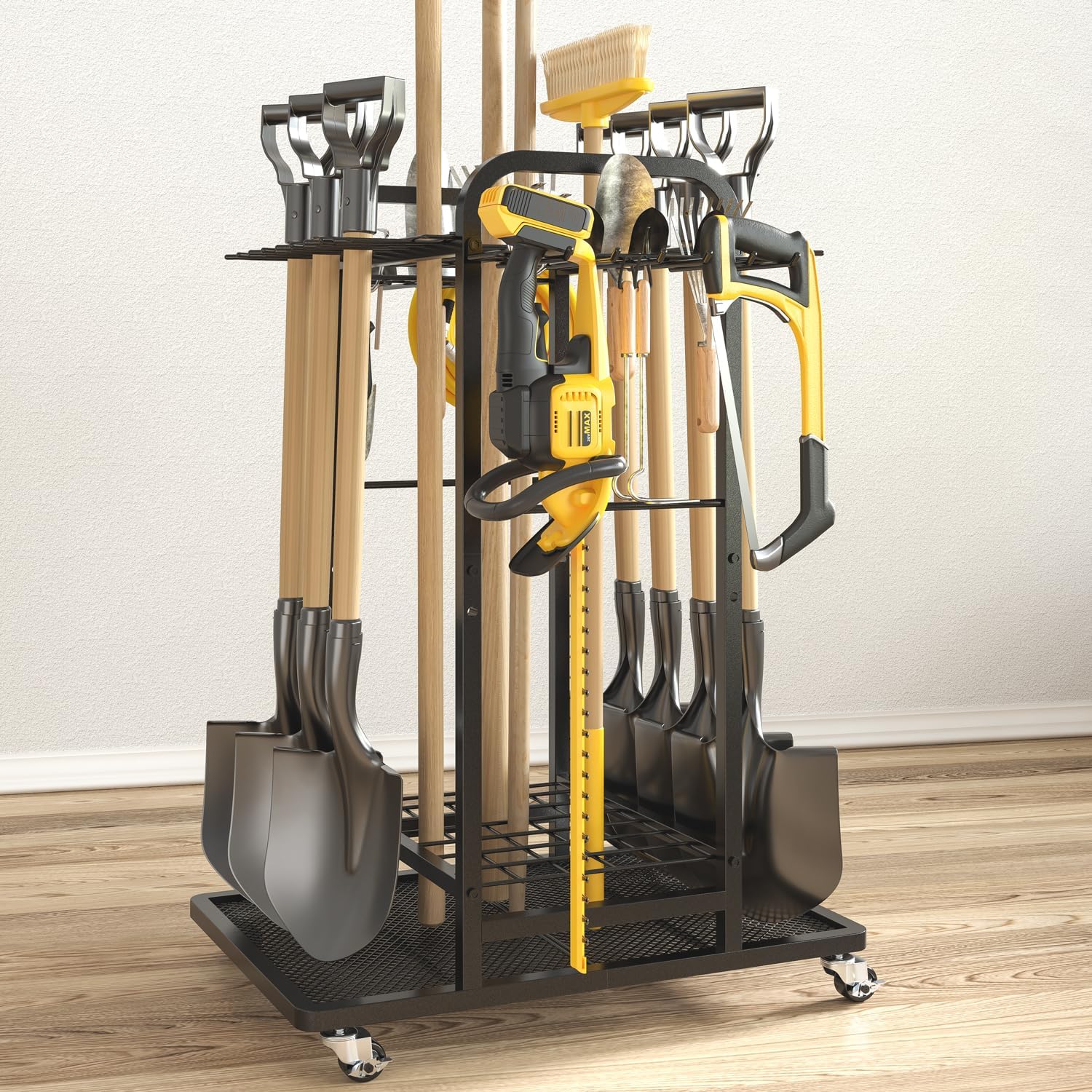 SOYEEZE Garden Tool Organizer with Lockable Wheels, Heavy Duty 3-Tier Yard Tower Tool Rack for Garage, Holds Up to 35 Long-Handled Tools, Garden Tool Cart with 12 Hooks for Tool Organization and Storage
