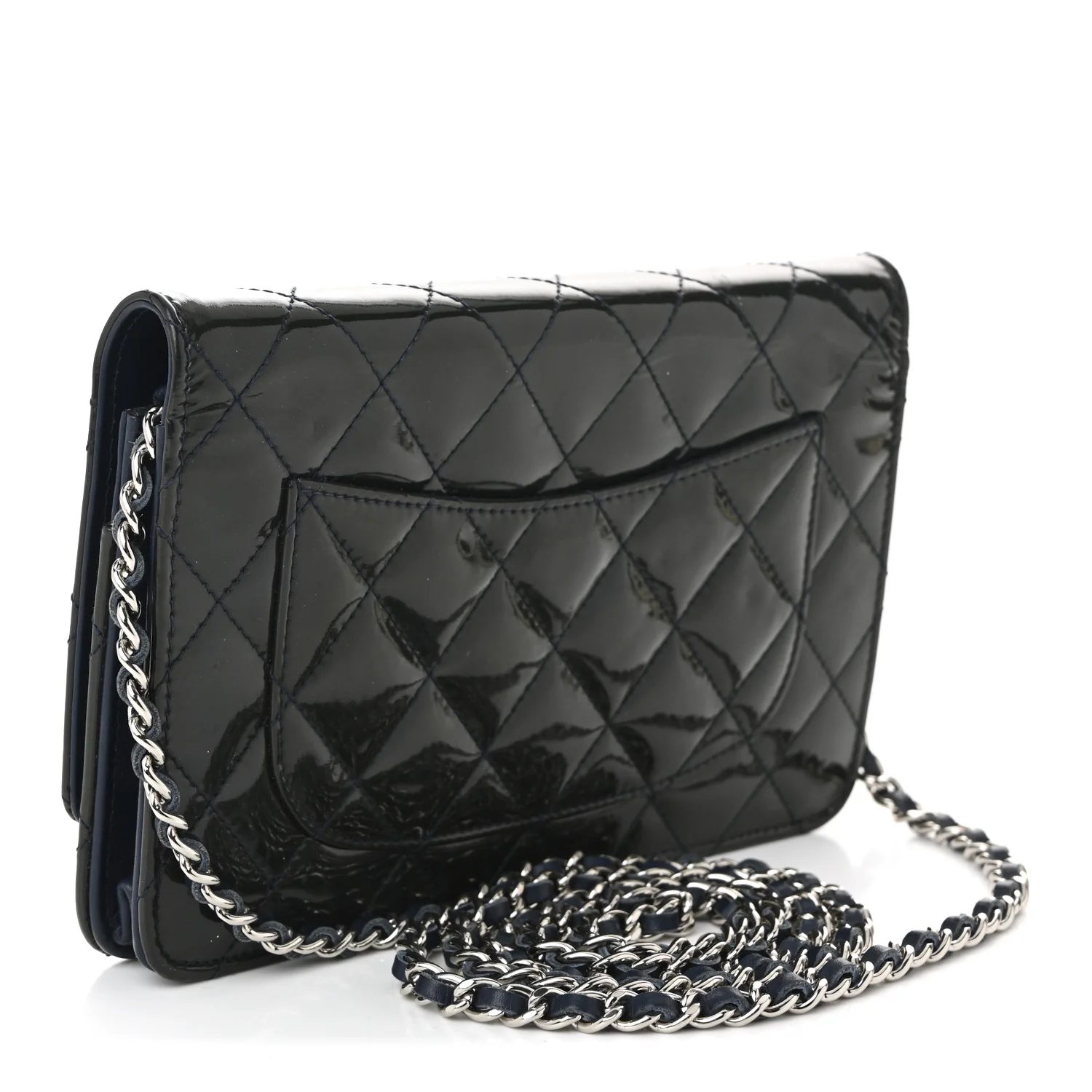 Patent Quilted Wallet On Chain WOC Navy Blue