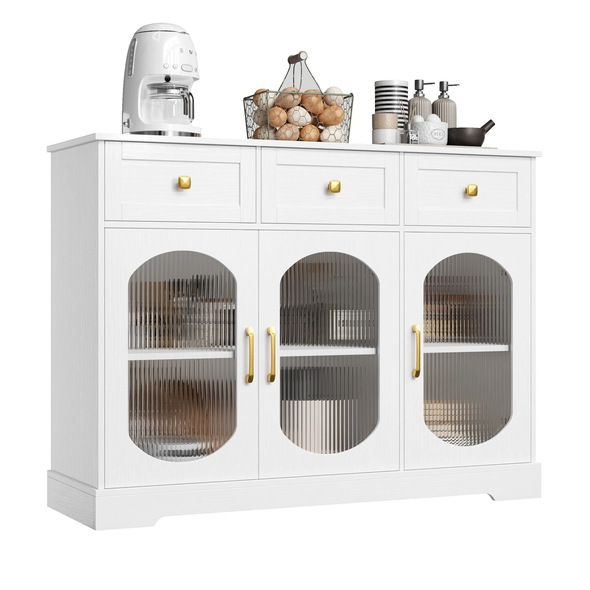 Homfa 3 Drawer Buffet Cabinet with 3 Curved Glass Doors, 47 2''W Kitchen Sideboard with Adjustable Shelf, White(Black) Image 5