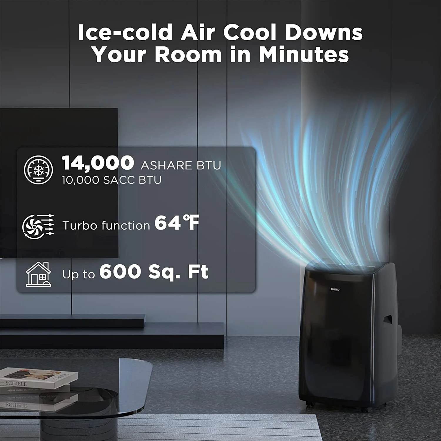 TURBRO 14, 000 BTU Smart WiFi Portable Air Conditioner, Powerful Cooling up to 600 Sq Ft, 3 in 1 Functions with Backlit Remote, Supports Alexa Voice Control, Easy Installation, Greenland Series, Black