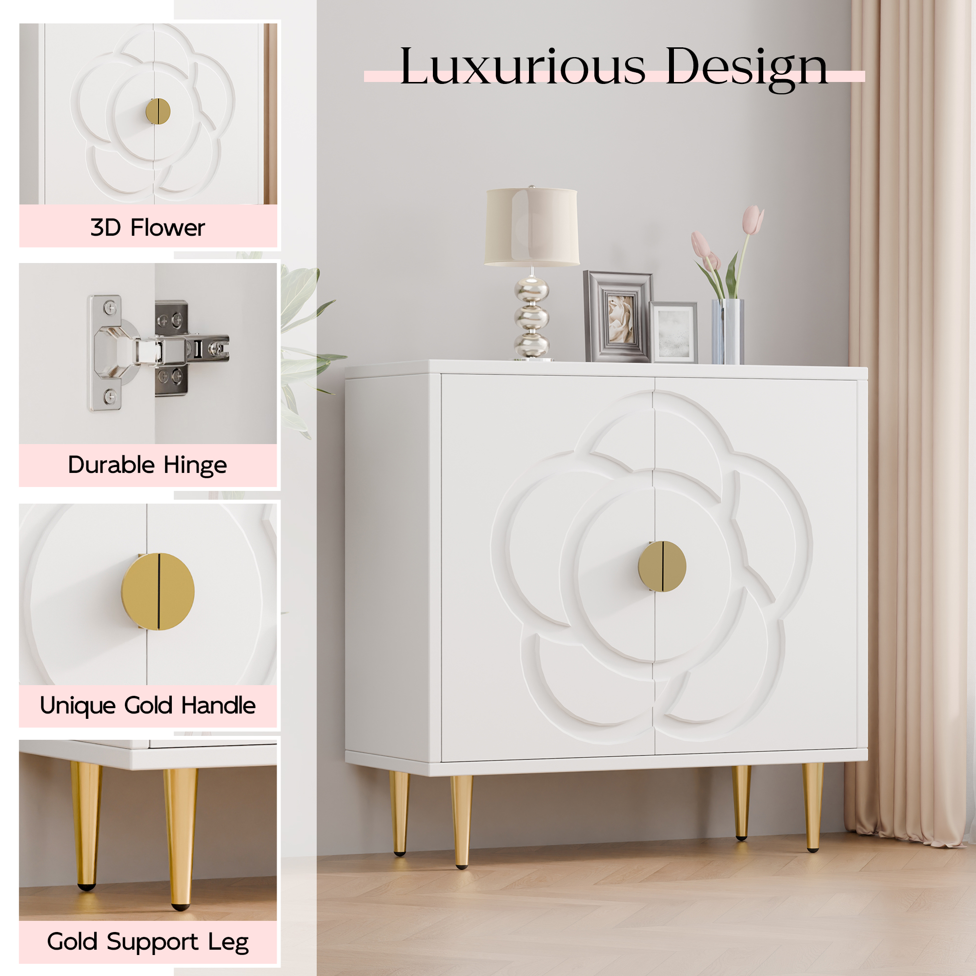 Modern Sideboard Buffet Cabinet with Flower Pattern Panel, 6 Shelves, White(white) - Image 7