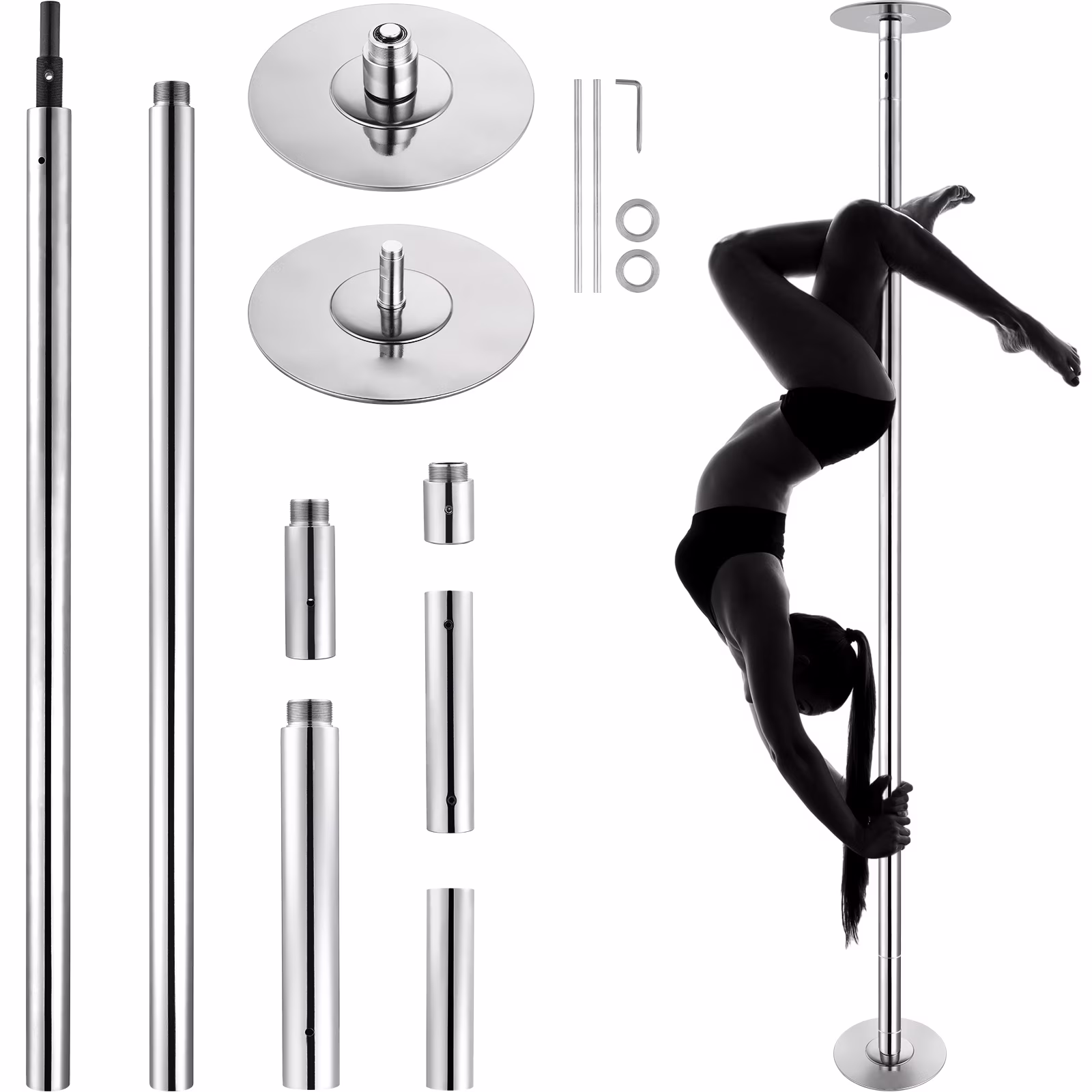Expert Dance Pole, Rotating and Stationary Dance Pole Set, Detachable Portable Pole, 45mm Robust Stainless Steel Pole, Fitness Pole with Adjustable Height, Suitable for Workout Home, Silver(82-108" Silver) - Image 5