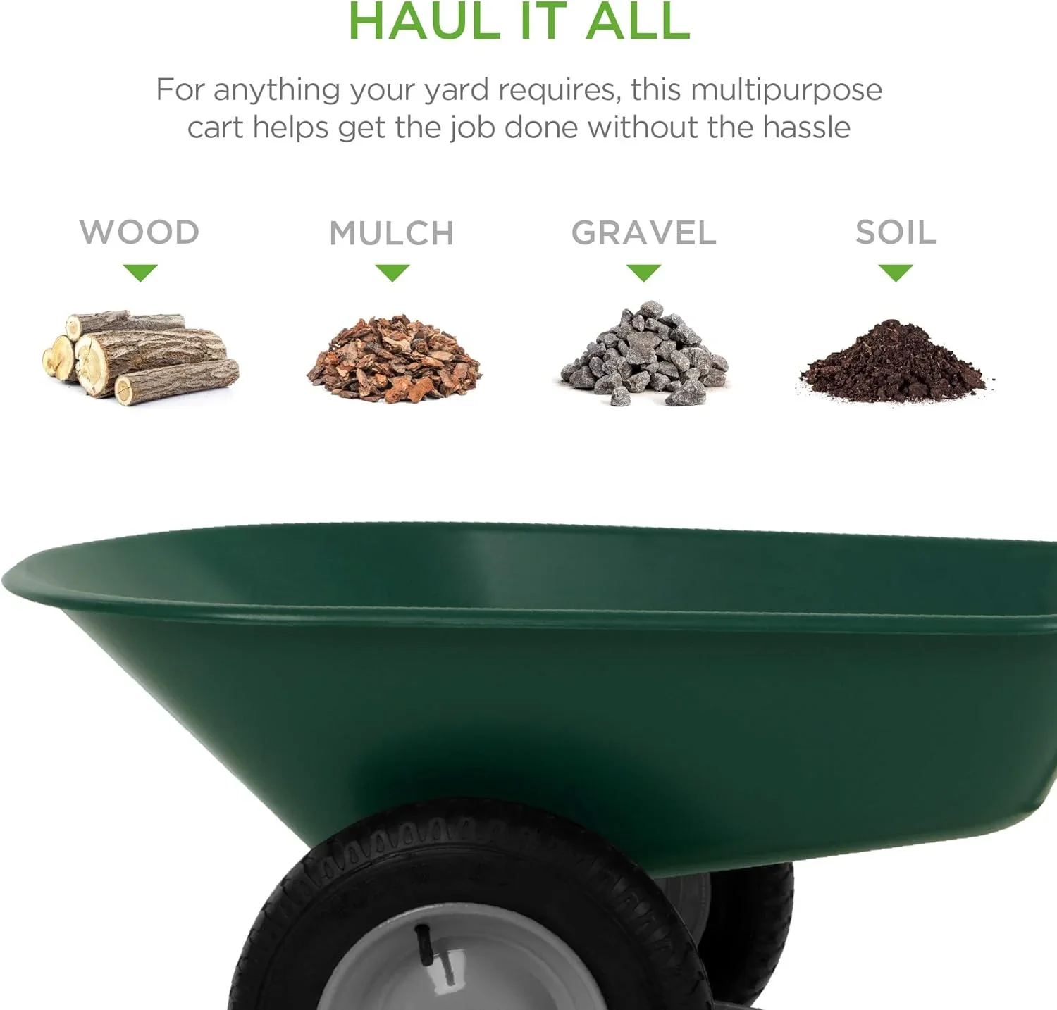 Killeryuki Dual-Wheel Home Utility Yard Wheelbarrow Garden Cart w/Built-in Stand for Lawn, Gardening, Construction - Green