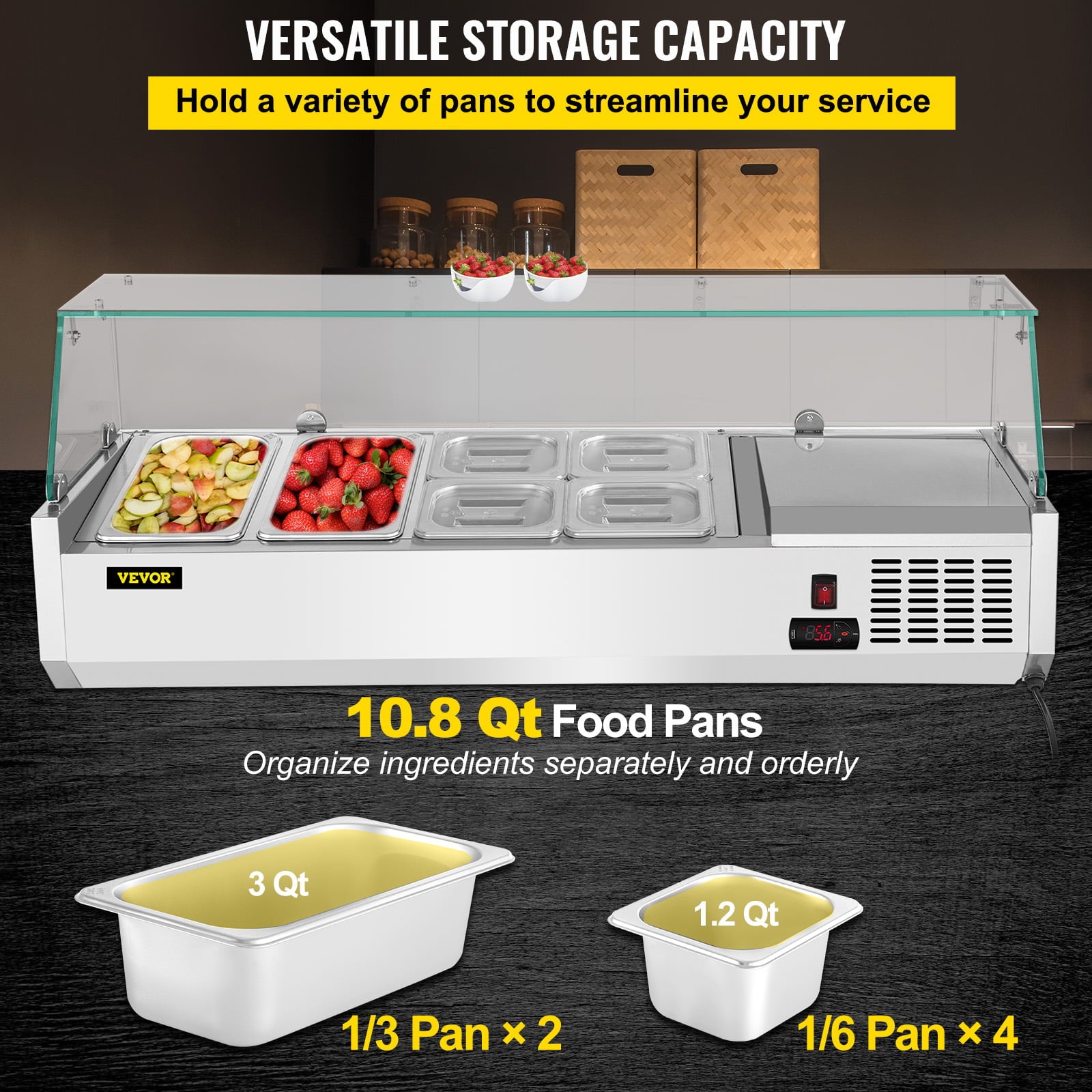 Refrigerated Condiment Prep Station. 48-inch. 10.8Qt Sandwich / Salad Prep Table w/ 3 1/3 Pans & 4 1/6 Pans. 146W Salad Bar w/ 304 Stainless Body Tempered Glass Shield Digital Panel Auto Defrost