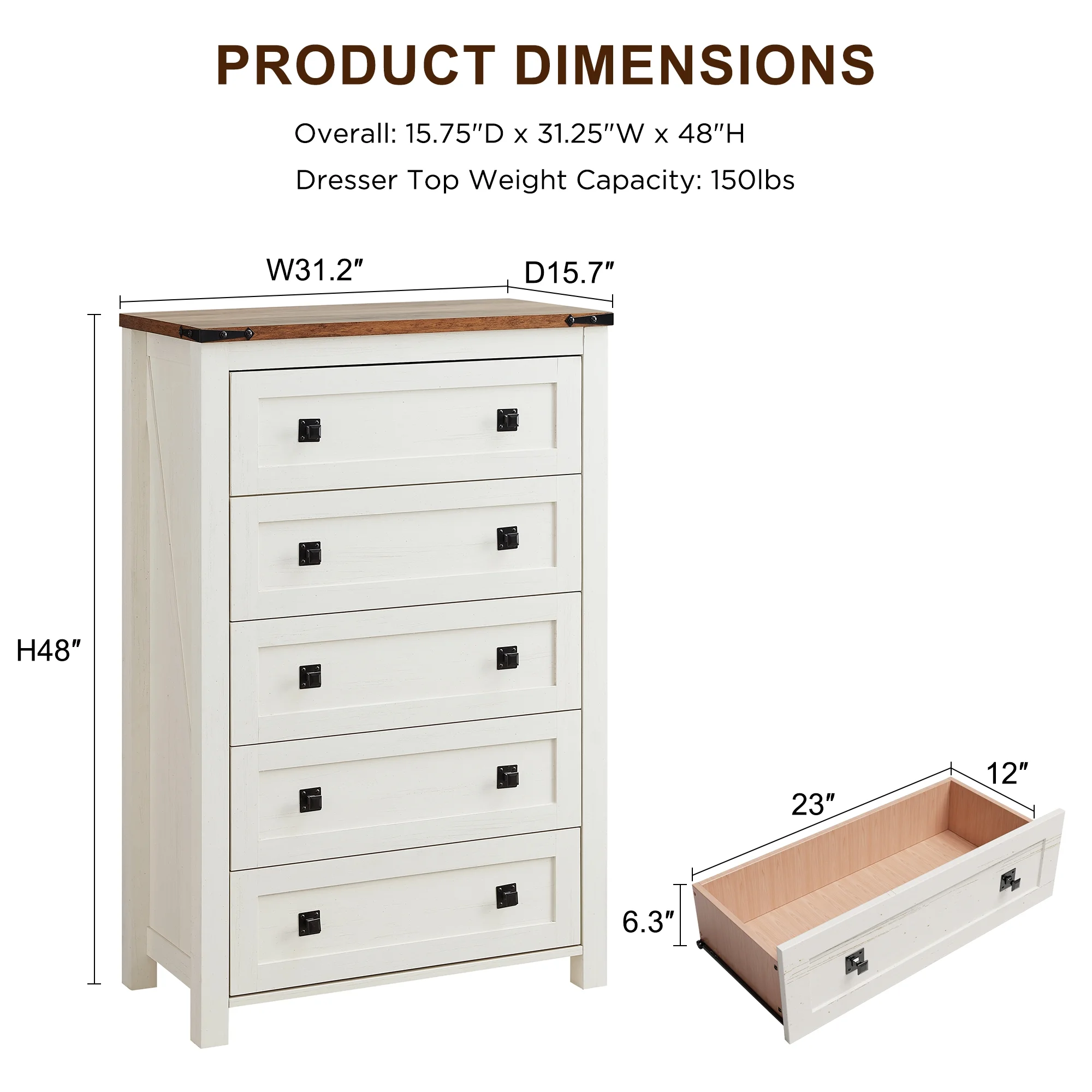 Farmhouse 5 Drawer Dresser for Bedroom, Chest of Drawers Wood Organizer for Living Room, Antique White(Antique White) - Image 6