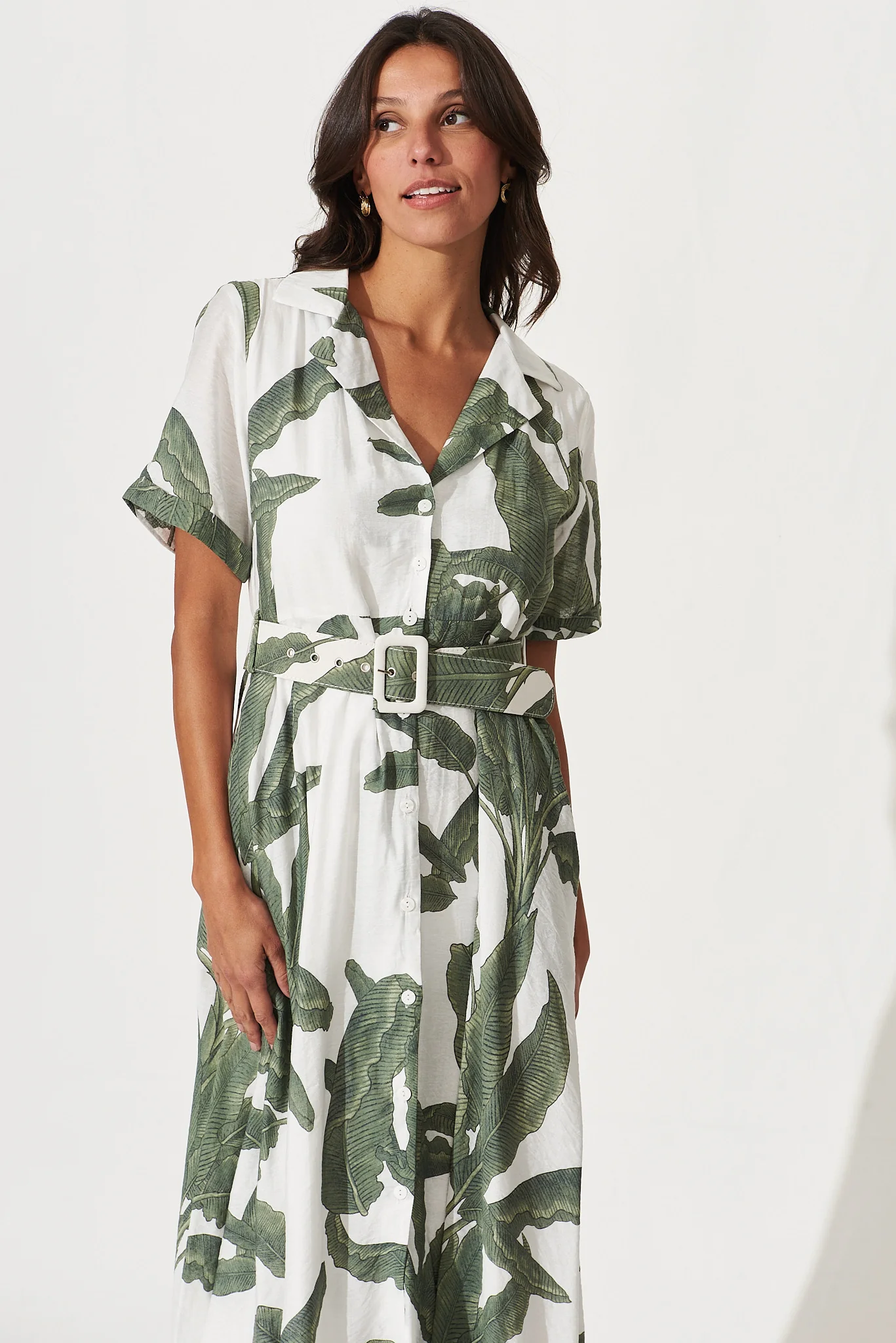My Sweet Midi Shirt Dress In White With Green Leaf Print