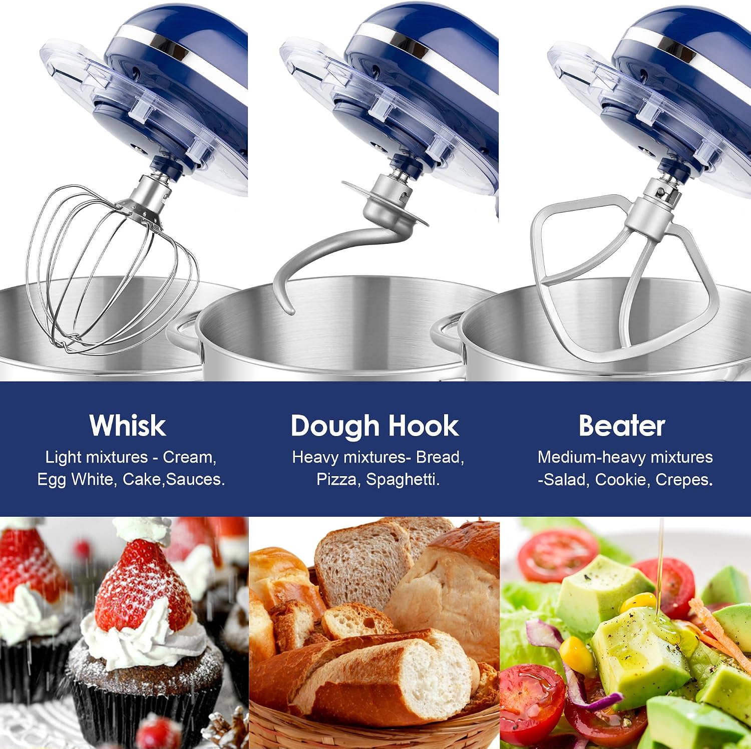 Aucma Stand Mixer, 6.5-QT 660W 6-Speed Tilt-Head Food Mixer, Kitchen Electric Mixer with Dough Hook, Wire Whip & Beater (Royal Blue, 6.5QT)
