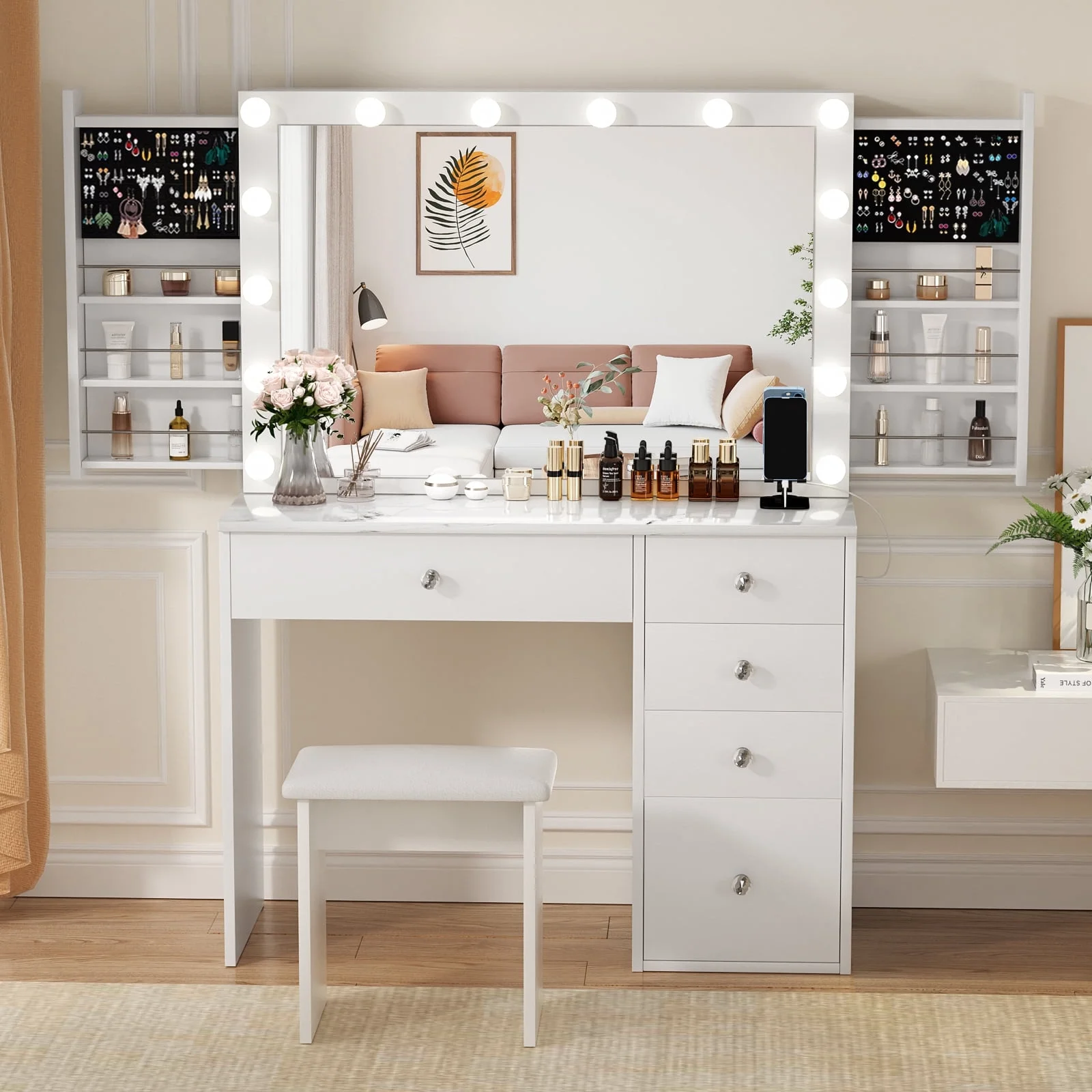 RichYa Modern Vanity Desk Makeup Table with Large LED Mirror and Power Outlet with 2 Sliding Storage White Marble - MadeInUSA