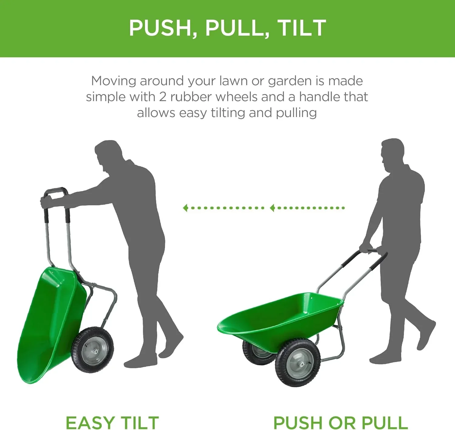 SAZYY Heavy-Duty Dual-Wheel Home Utility Yard Wheelbarrow & Garden Cart with Built-in Stand �C Versatile Solution for Lawn Care, Gardening & Construction Tasks, Gray