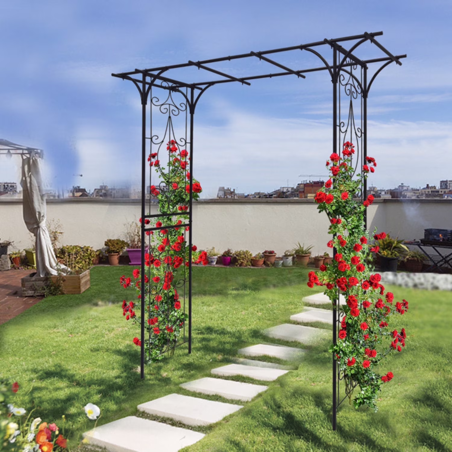 BOFANG Black Metal Garden Arch Trellis for Climbing Roses, Vines - 81 Tall