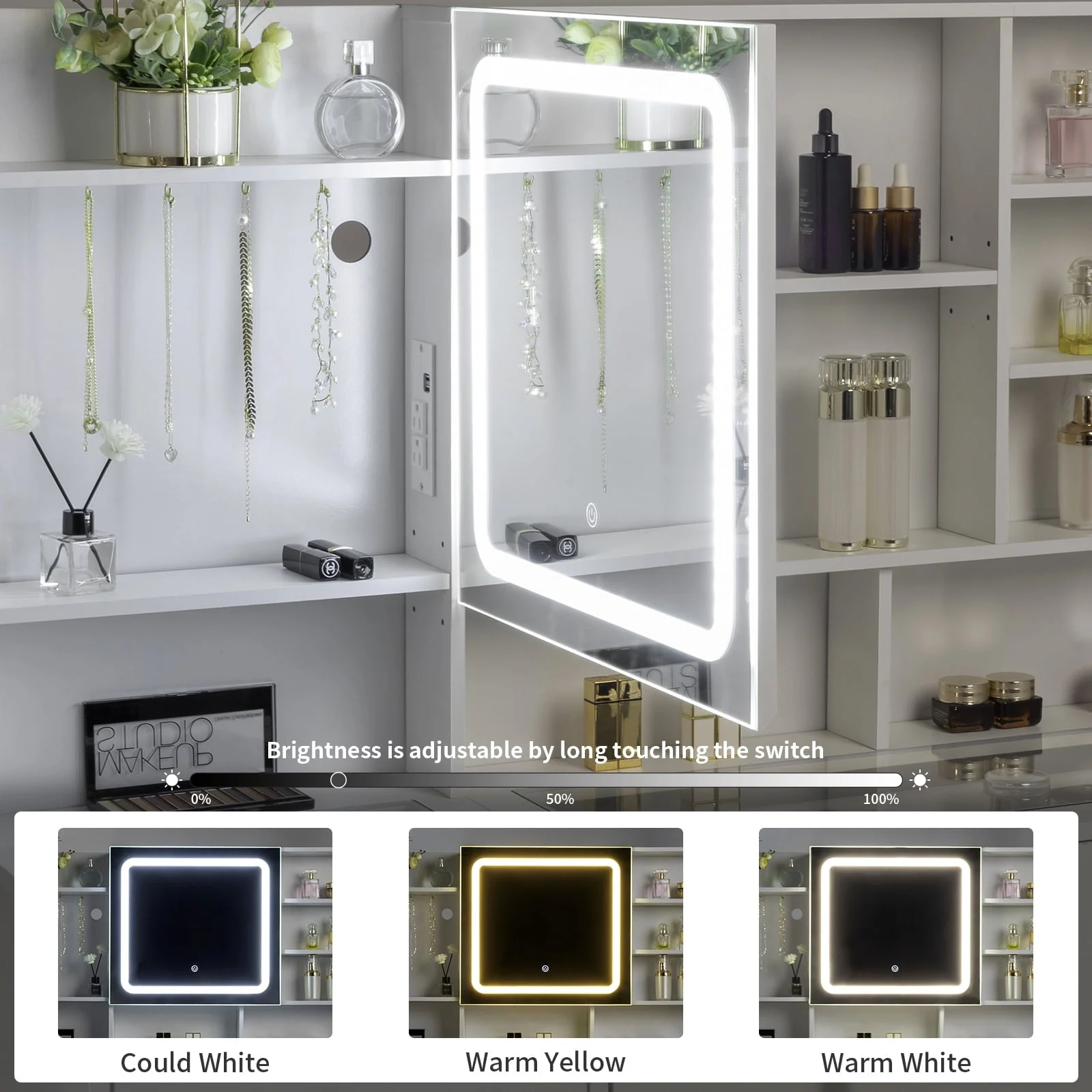 Ktaxon Makeup Vanity with 3 Color Lights, Vanity Desk with USB Charging Station, Vanity Makeup Table with Visible Drawers, Hidden and Open Storage Shelves, White Image 4