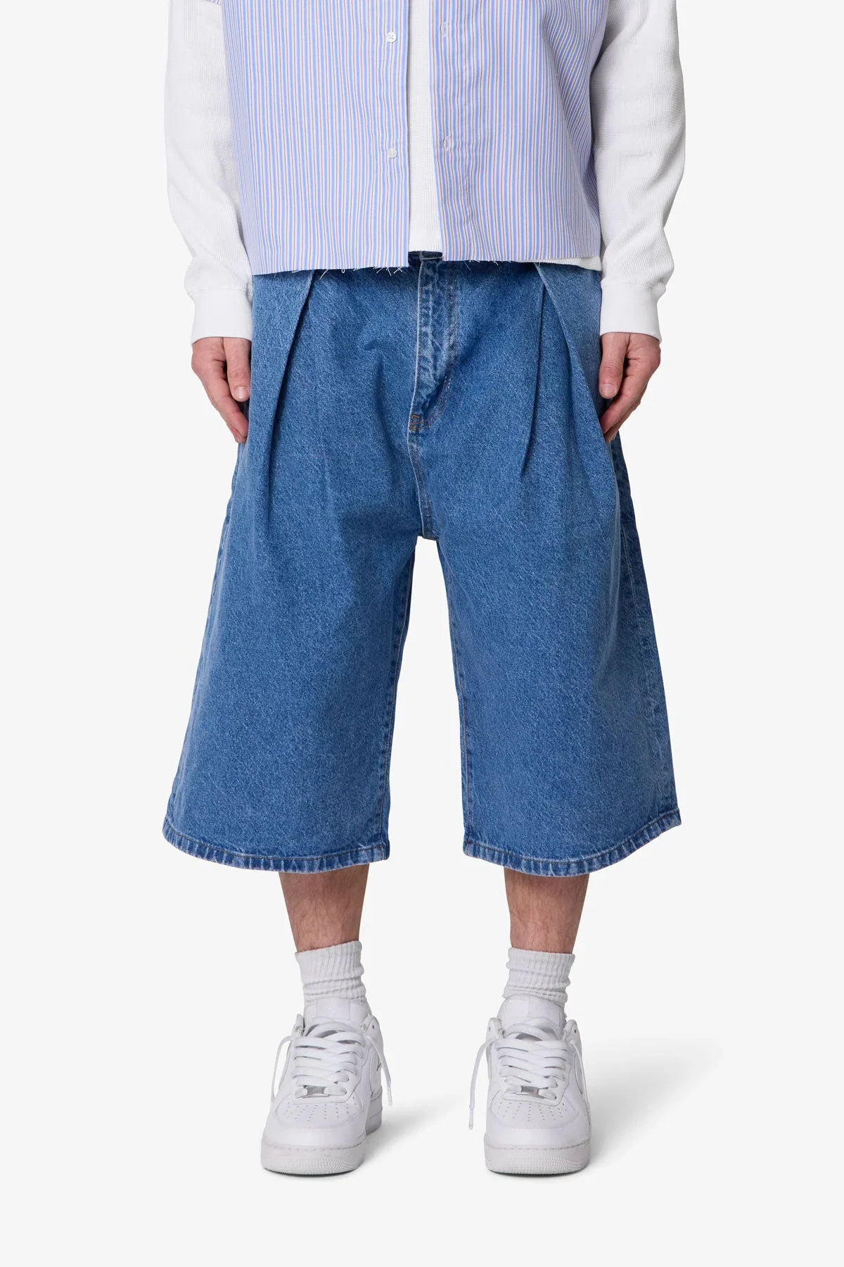 Ultra Baggy Pleated Denim Shorts - Washed Blue