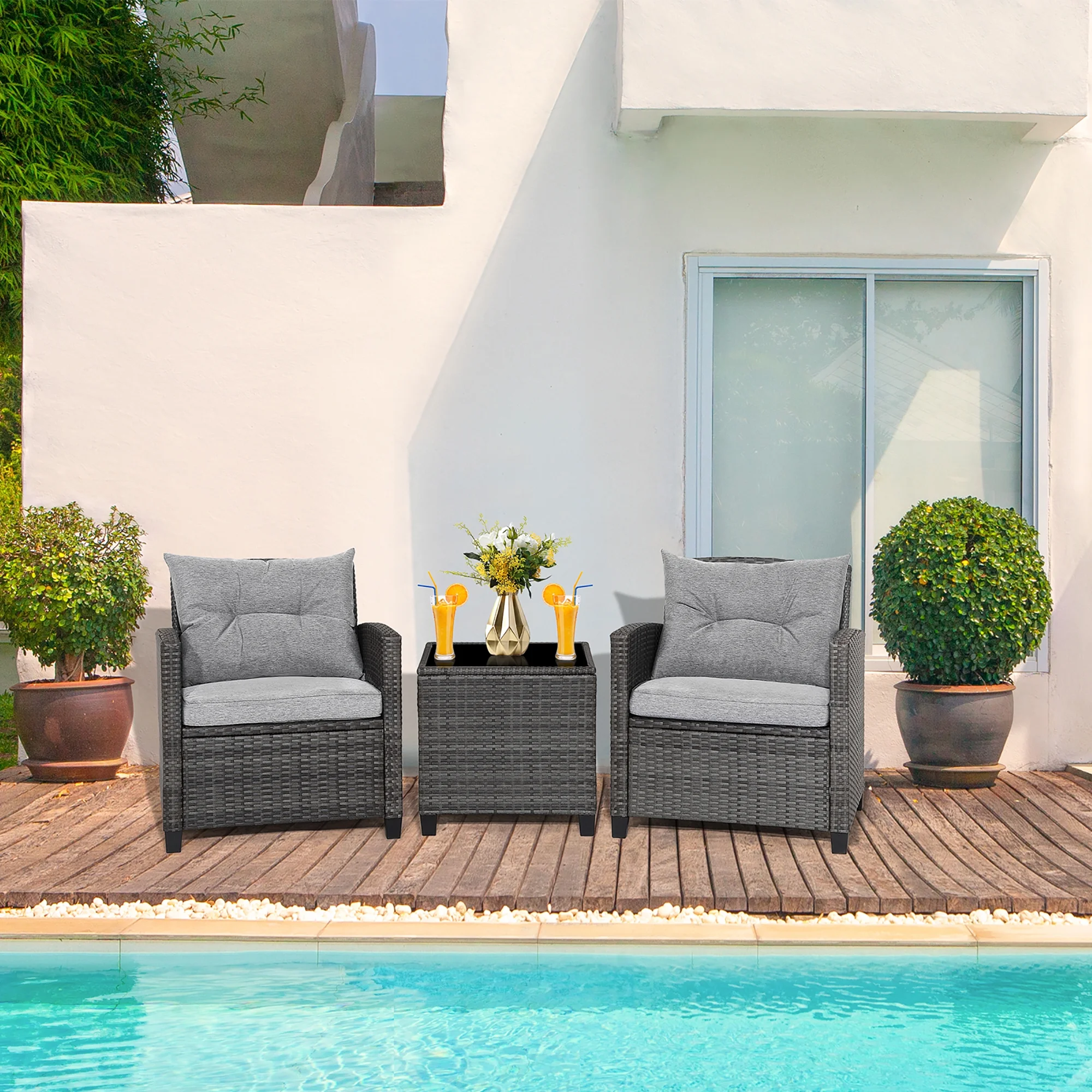 3PCS Patio Rattan Sofa Set Outdoor Wicker Conversation Set Glass Tabletop w/ Grey Cushion - Image 4