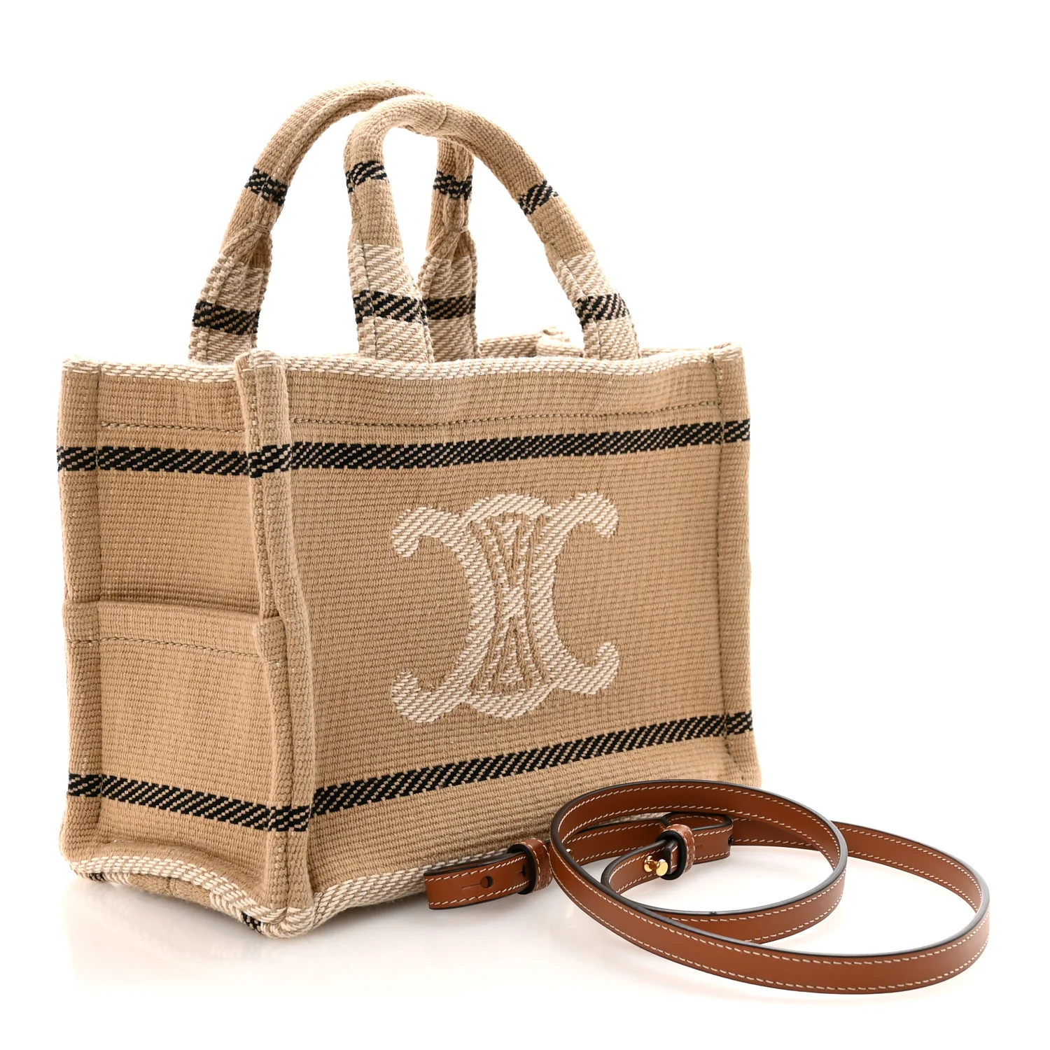 Canvas Calfskin Small Cabas Thais Beige Black White