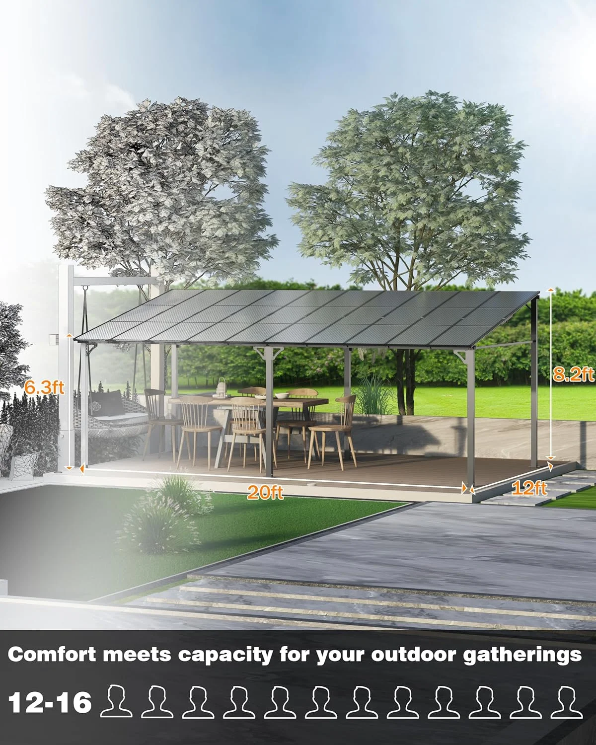12'x20' Outdoor Hardtop Gazebo, Lean-to Pergola With Roof for Lawn Patio Deck Yard Party(12' x 20'/Grey) - Image 4