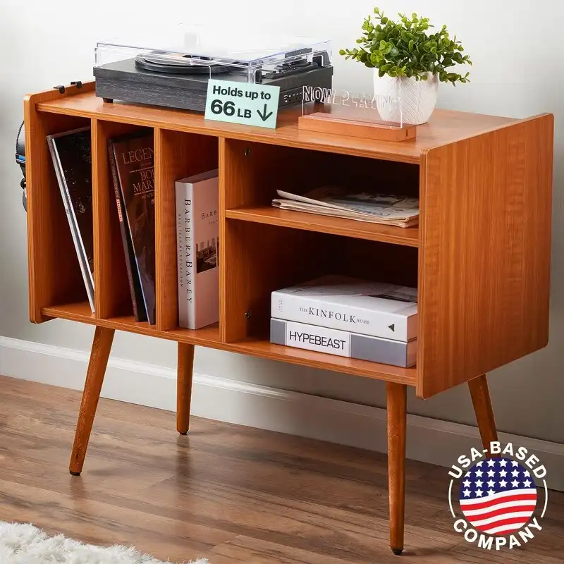 Vinyl Record Player Stand with Built-in Charging Station - Dimensions: 31D x 26W x 15H