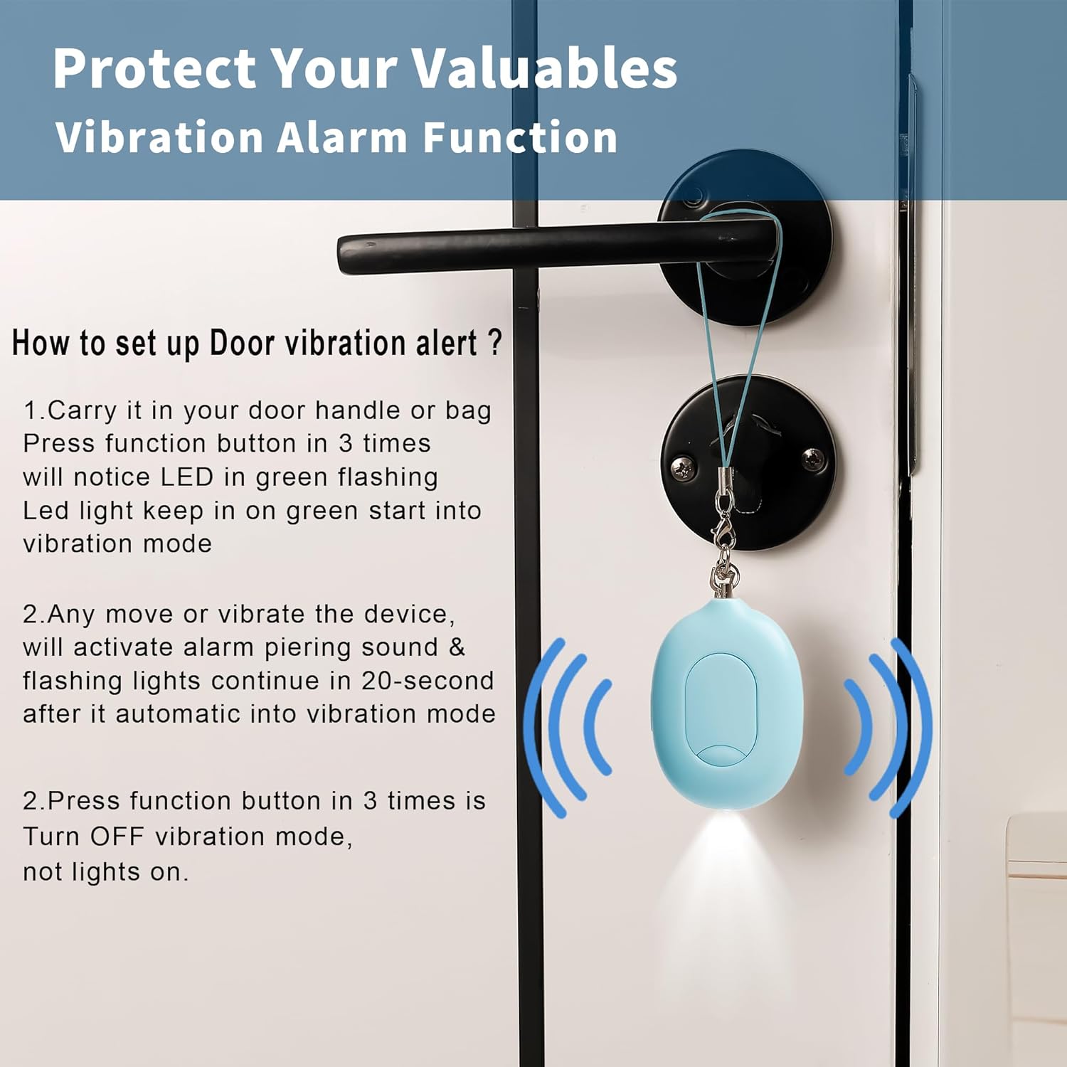 Door Stop Alarm,Door Alarm When Opened Travel,130DB Extra alarming with LED Flashlight & Pepper Gel Combo Set for Women self Defense,USB rechargeble mini Keychain (Blue & Purple)