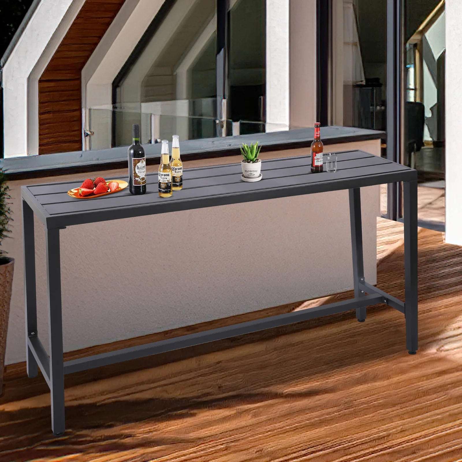 Outdoor Bar Table, 63 Patio Console Pub Height Table with Powder Coated Steel Frame and Weather Resistant Waterproof Top for Hot Tub, Balcony, Garden, Yard, Poolside, Indoor Outdoor
