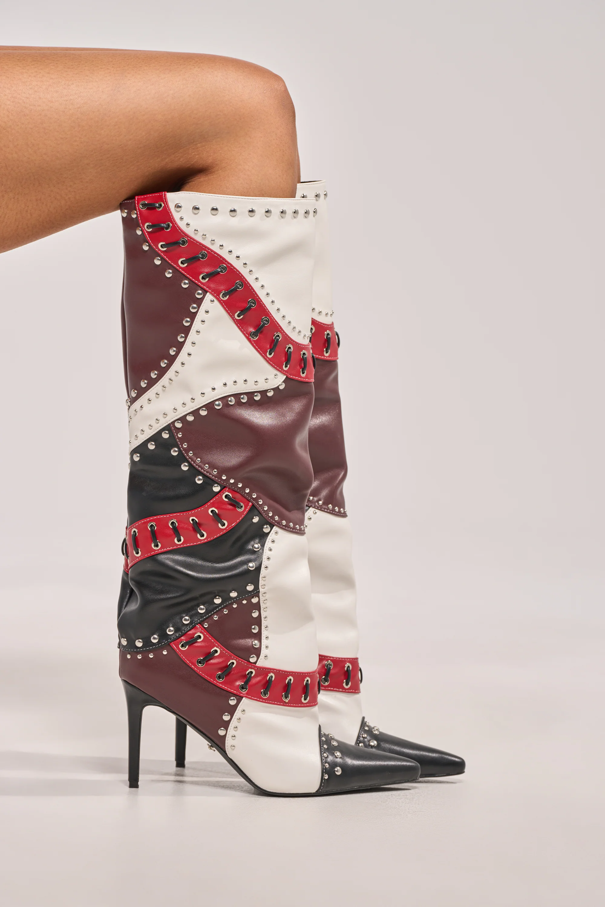 AKIRA GOLD VESSAE PATCHWORK STILETTO BOOT - Akira Store