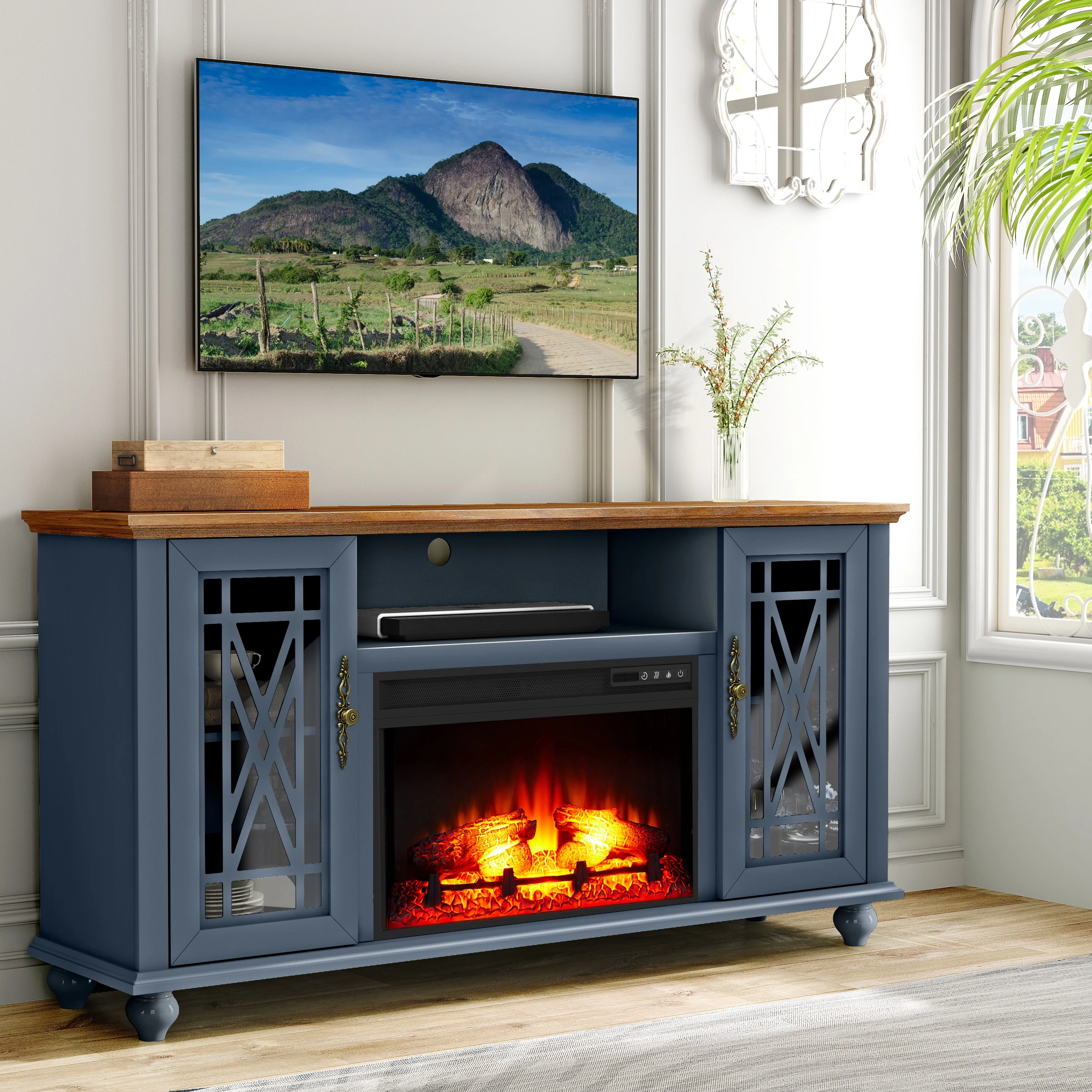 Elegant 61" TV Stand with Fireplace Green(Green) - Image 9