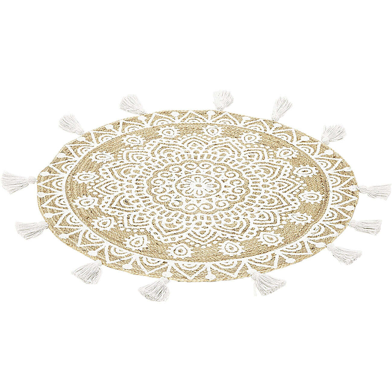 Tapis rond à franges jute naturel motif rosace blanc