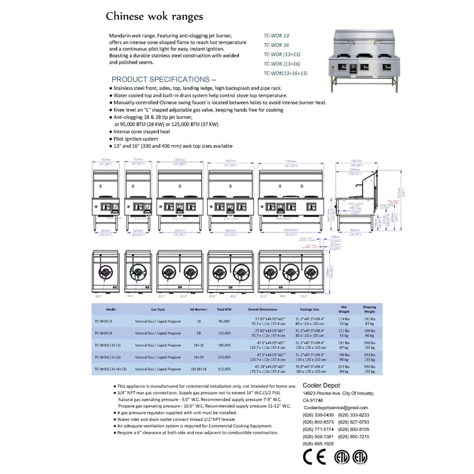 NSF 28 in. with 16 in. 1 Hole Commercial Restuarant Wok Range with Waterfall, Natural Gas Wok Accessory Range 125,000BTU - Image 5