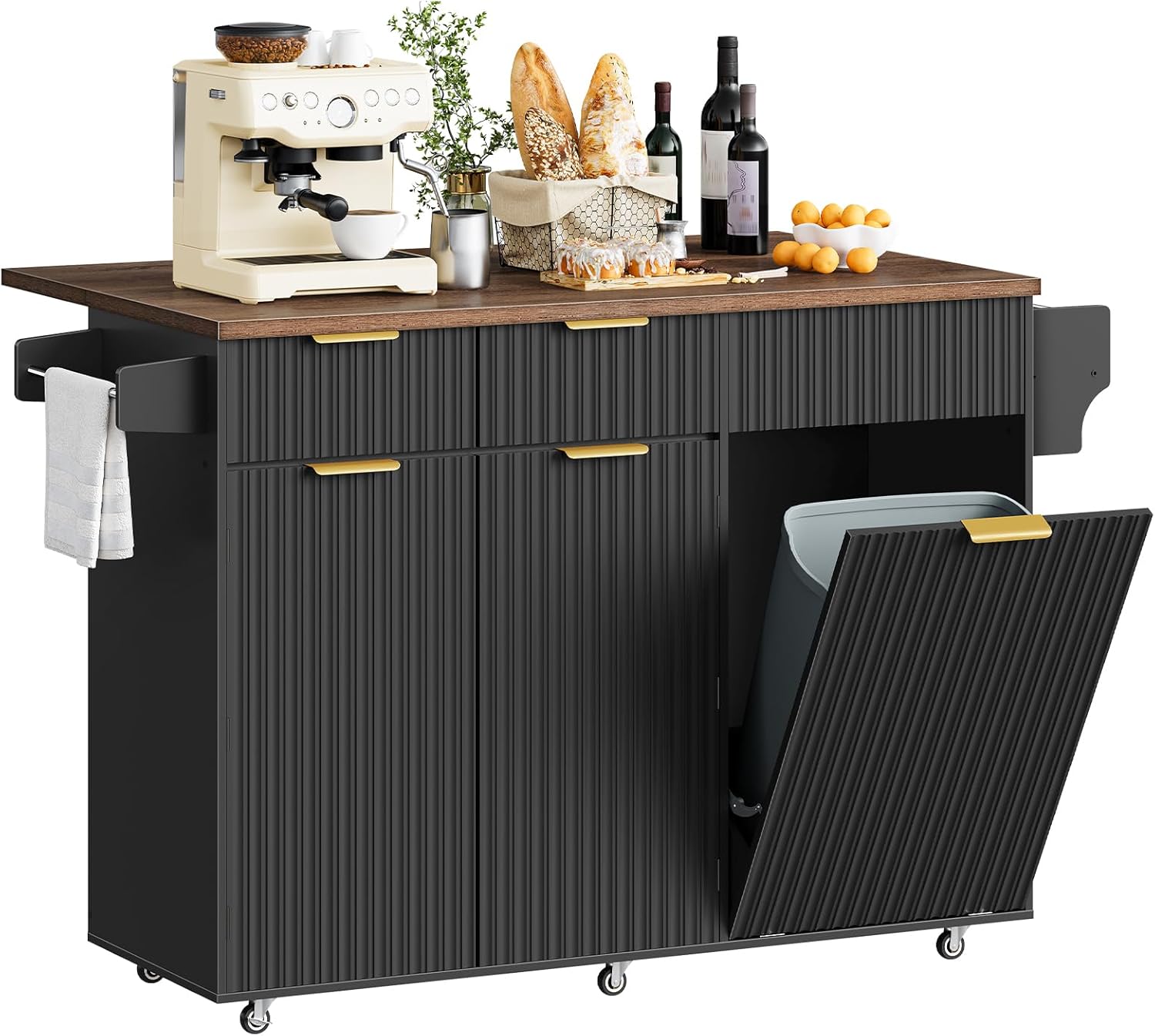 Mobile Kitchen Island with Folding Drop Leaf Countertop, Rolling Kitchen Island Cart with Trash Can Storage, Drawers, Adjustable Shelf, Spice Rack, for Dining Room, Black and Walnut MZD08BL