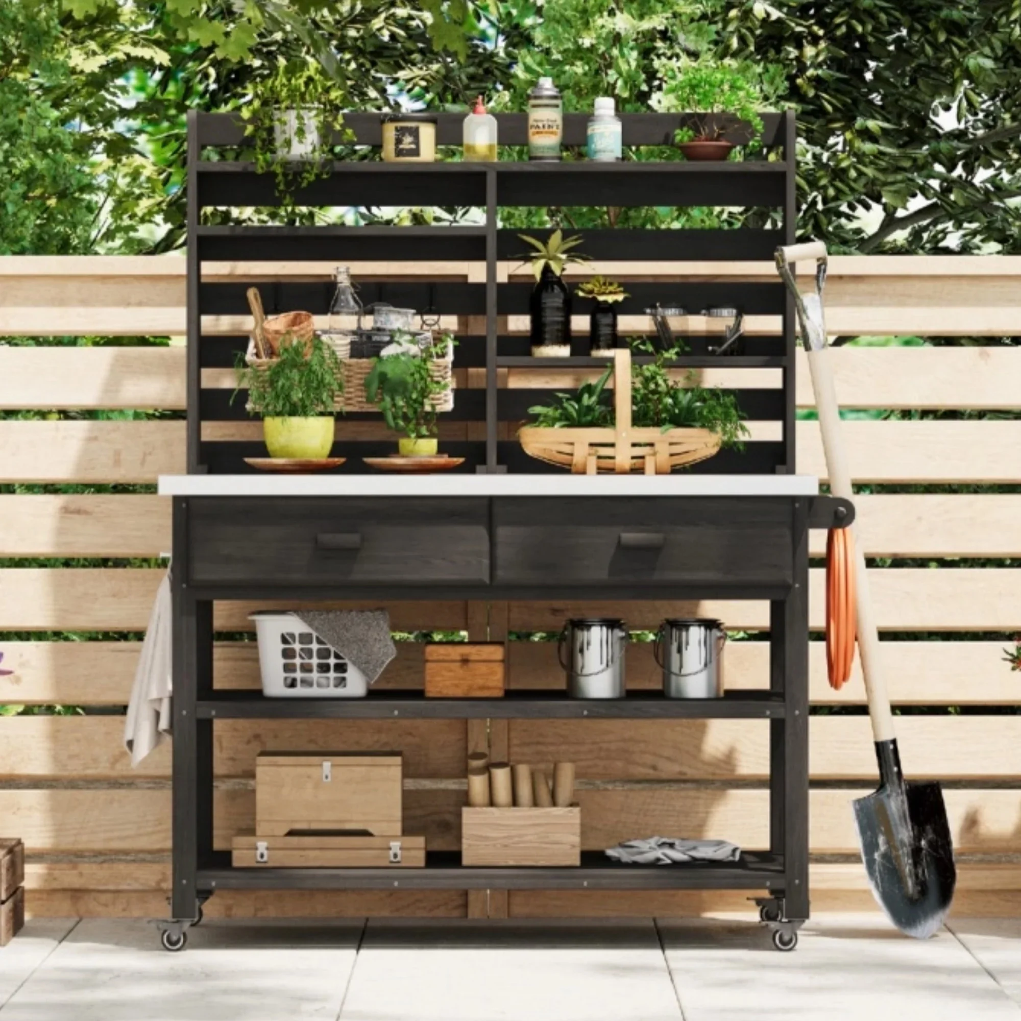 Euroco 64.9H Outdoor Potting Bench Table with Lockable Wheels, Solid Wood Outdoor Kitchen Island with Upper Hutch, Stainless Steel Top, Towel Rack ,Outdoor Storage for Grilling, Lawn Garden -Black