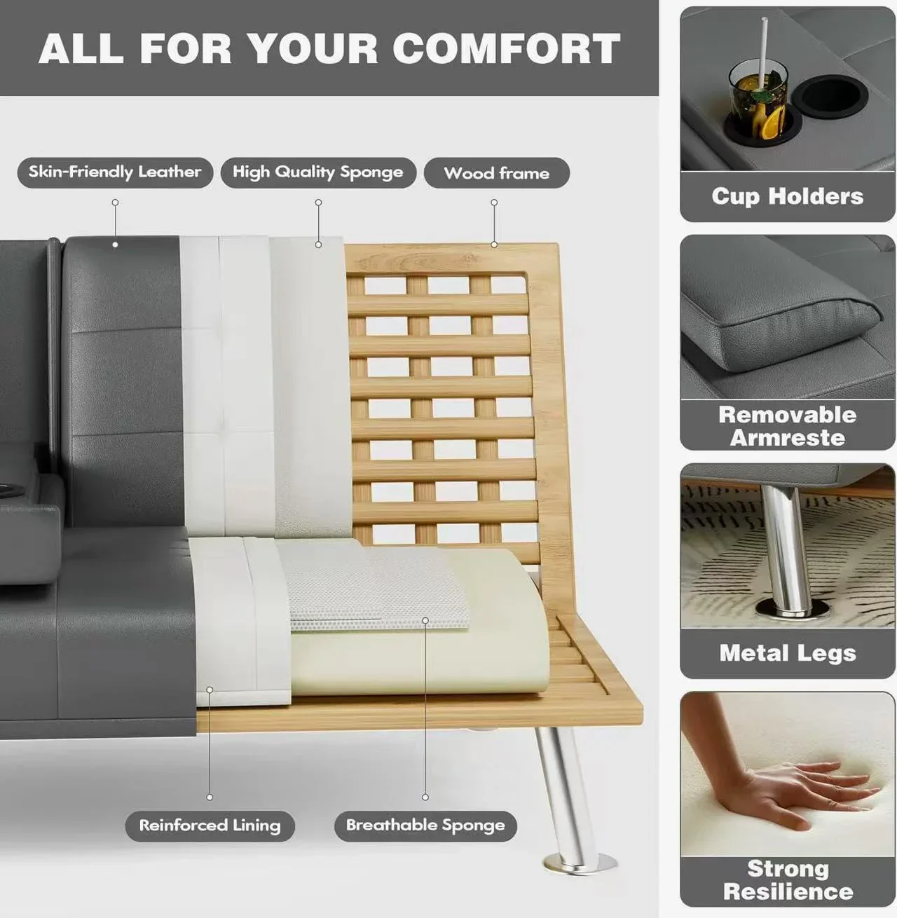 Canapé-lit futon Homall en cuir avec accoudoirs et fauteuil inclinable réglable