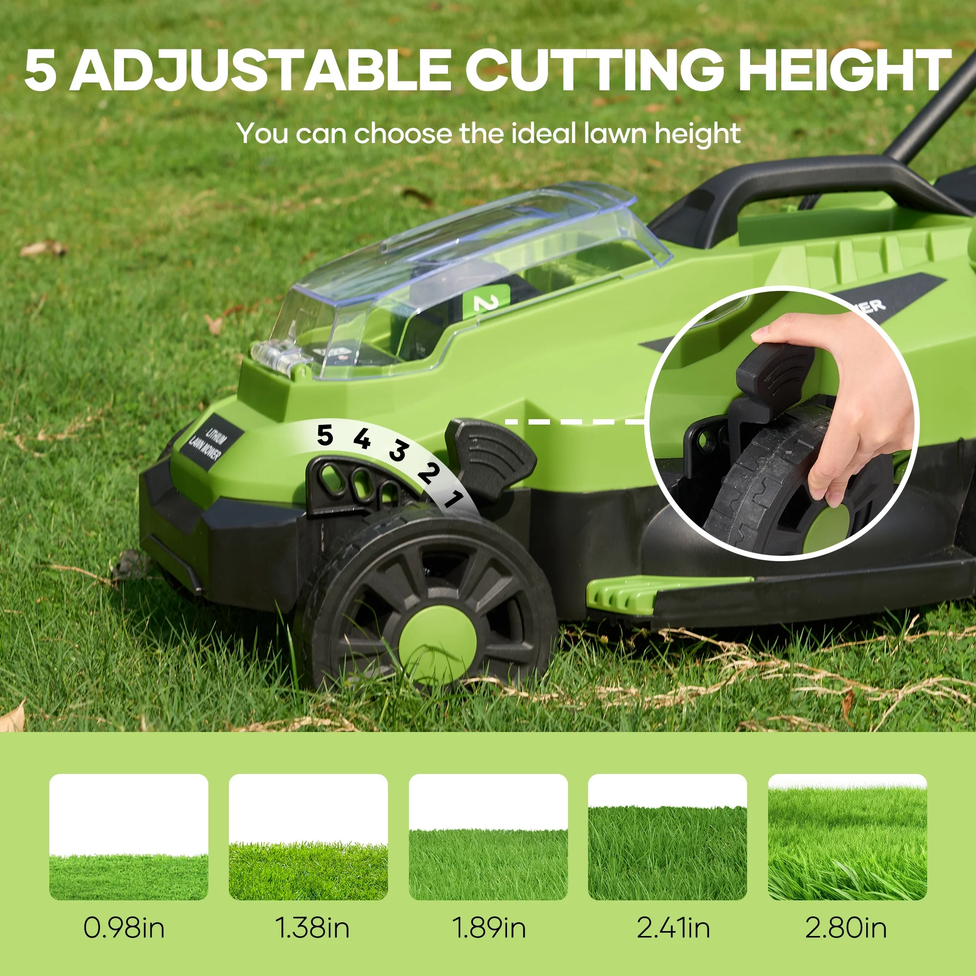 20V 13" Cordless Lawn Mower, Electric Lawn Mowers with Brushless Motor, 5 Heights Adjustment, 4.0Ah Battery Charger Included, for Garden, Yard and Farm, Green - Image 5