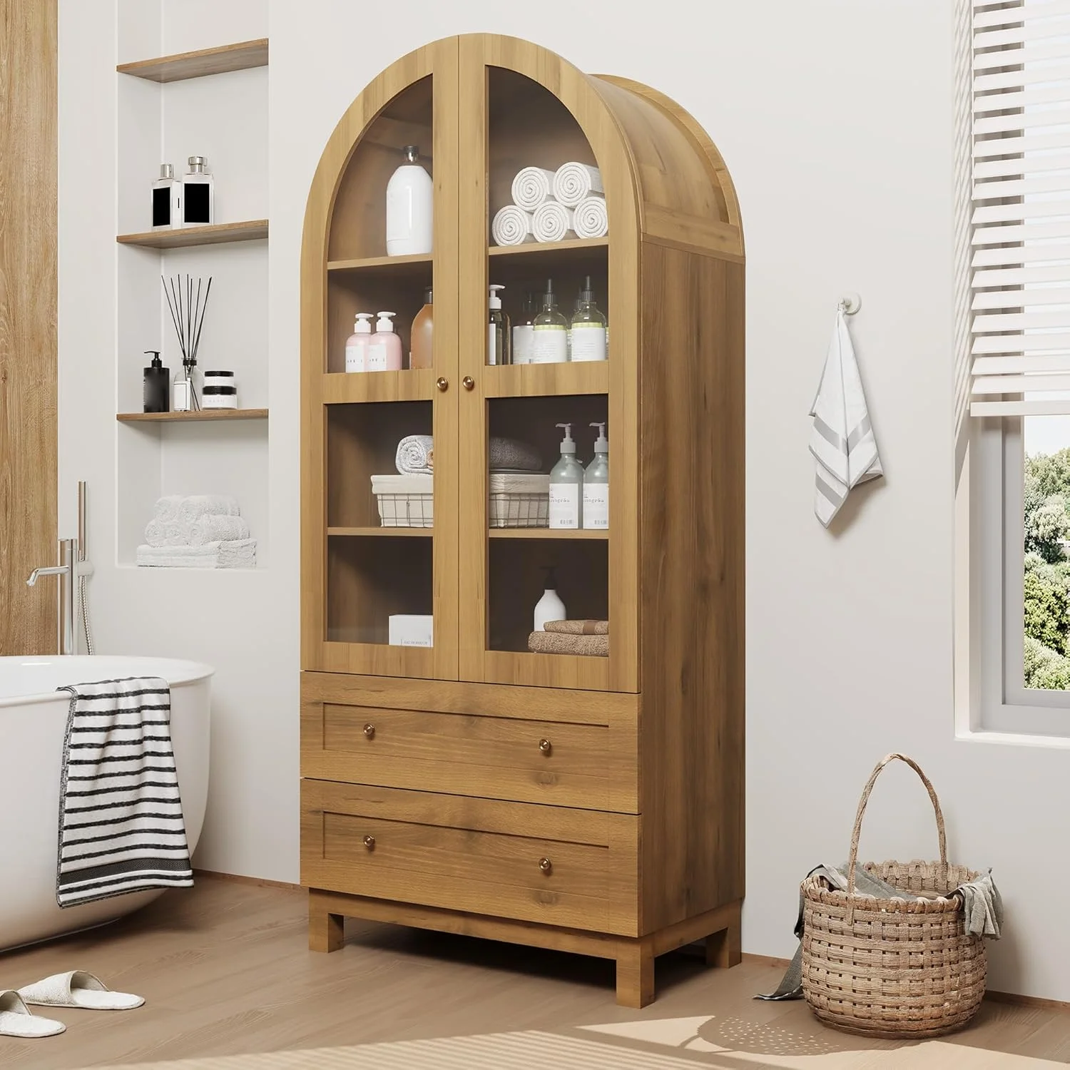 71" Tall Arched Bookshelf, Modern Bookcase with 2 Drawers, Glass Door and Adjustable Shelf, Wooden Display Cabinet, Versatile Bookshelf Kitchen Storage Pantry for Living Room, Bedroom- Natural(Oak) - Image 3