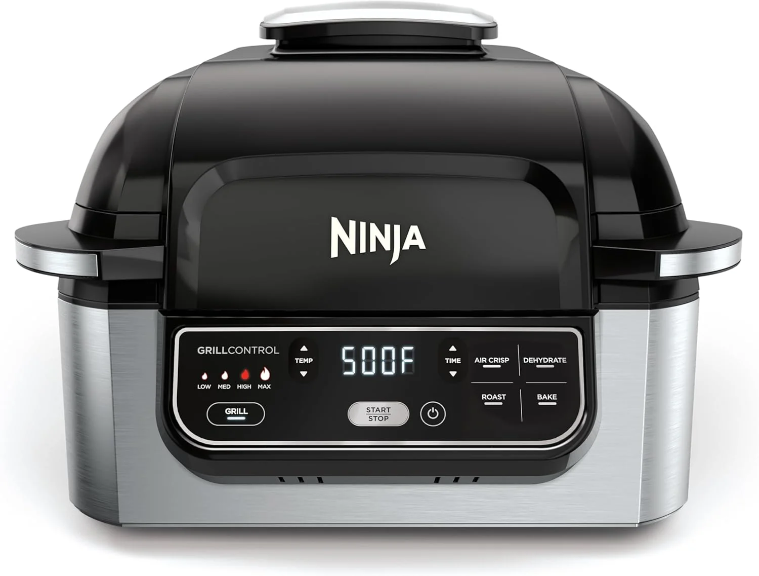 Ninja | Grill d'intérieur | Foodi | 5 en 1 (Griller, Frire à l'air chaud, Rôtir, Cuire au four et Déshydrater) | Capacité de rôtissage jusqu'à 1,4 kg | Système de contrôle de la fumée et pièces compatibles lave-vaisselle | Noir/Gris | AG301