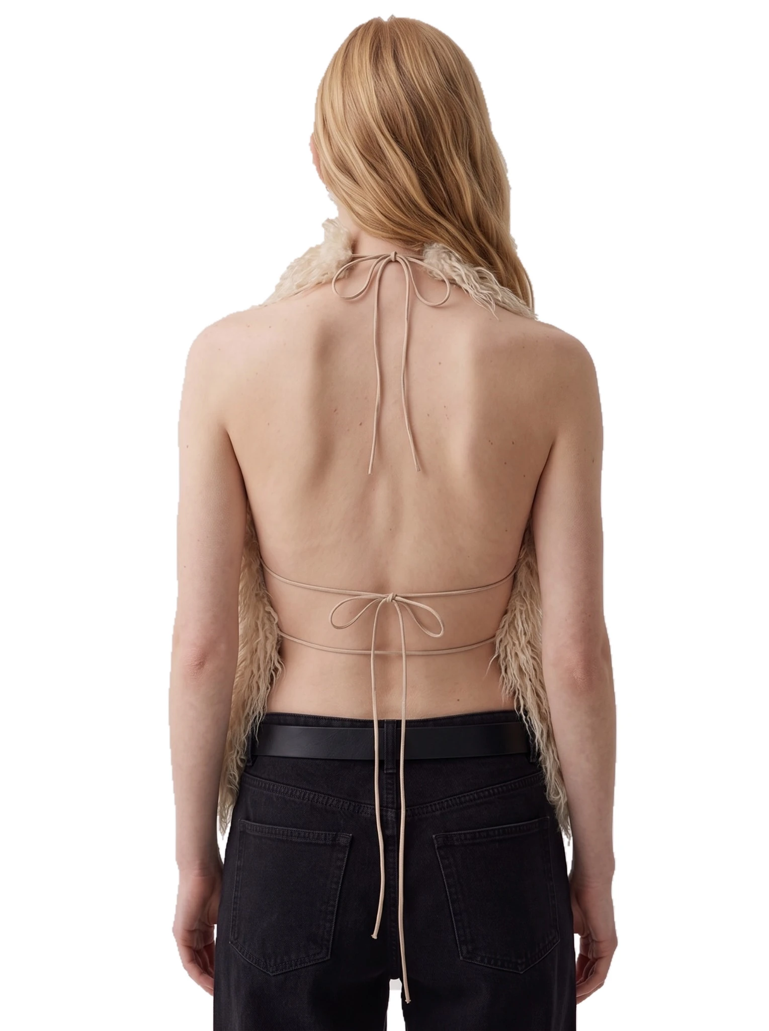 Back view of a beige faux fur halter top with an open back and adjustable tie straps.