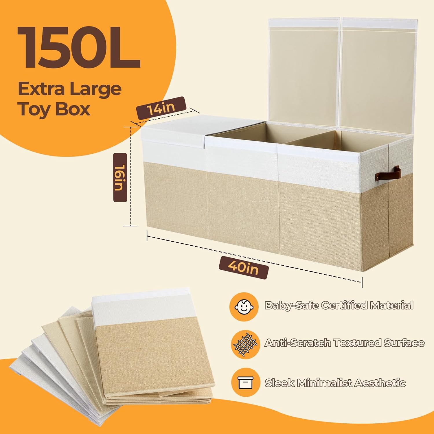 Extra Large Toy Box with Lid, Collapsible Toy Storage Chest, Beige