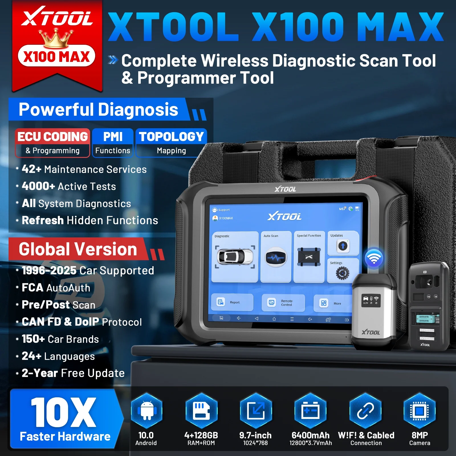 XTOOL X100 Max Automotive Key Fob Programmer Diagnostic Tool, OBD2 Scanner Bi - Directional Scan Tool with KC501, 42 Services