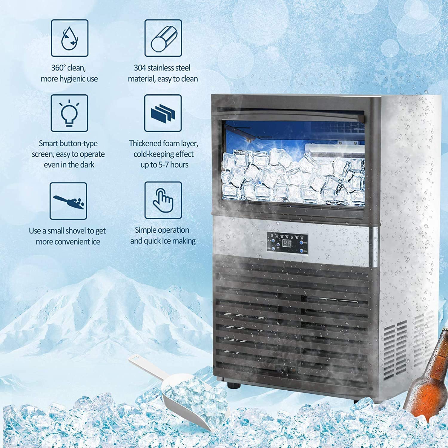 Commercial Ice - 110LBS/24H Stainless Steel Free-standing Ice Machine Maker Air Cooling Ice