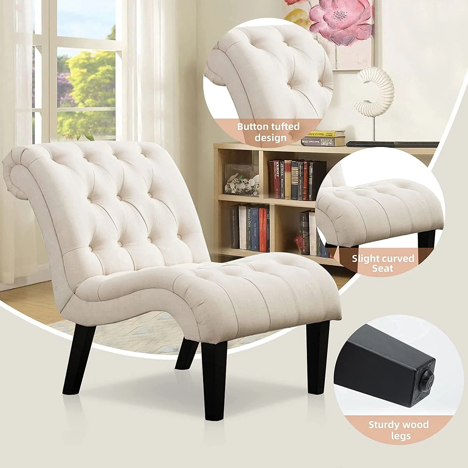 Andeworld Upholstered Accent Chair for Bedroom Living Room Chairs Lounge Chair with Wood Legs Cream Fabric(1/Cream) Image 7