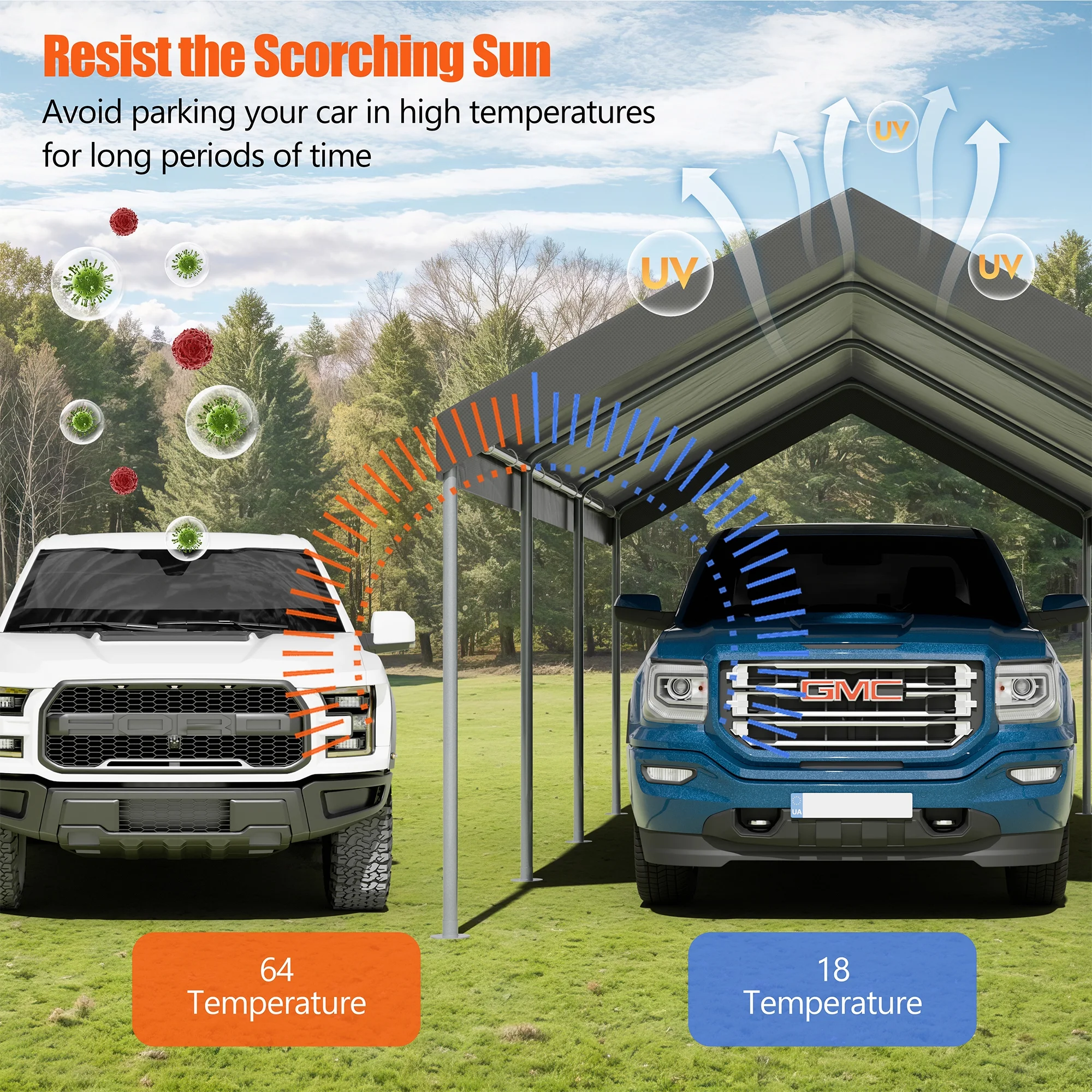 Carport 10 x 20 ft Heavy Duty Carport Car Canopy with Powder-Coated Steel Frame, Portable Garage for Car, Boat, Shelter Party Tent with 180g PE Tarp Gray(Gray) - Image 6