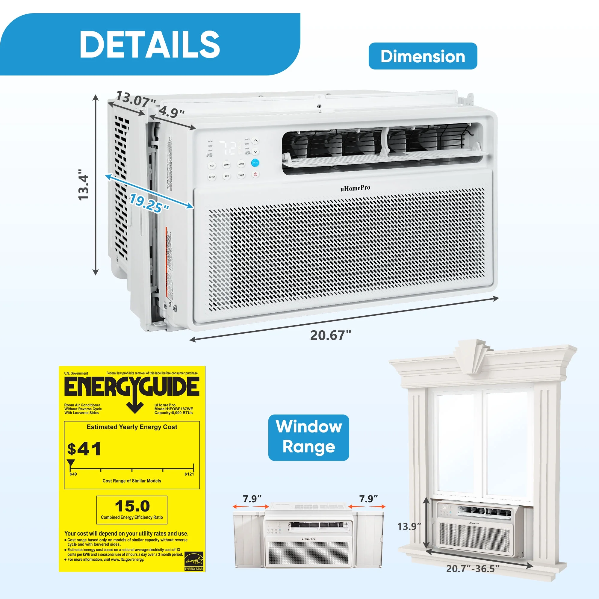 8,000 BTU Smart Inverter Window Air Conditioner with 4 Modes Cools up to 380 Sq. Ft, Washable Filter, Adjustable Window Fit, Energy Star Rated 7.0, 15-SEER - Image 10