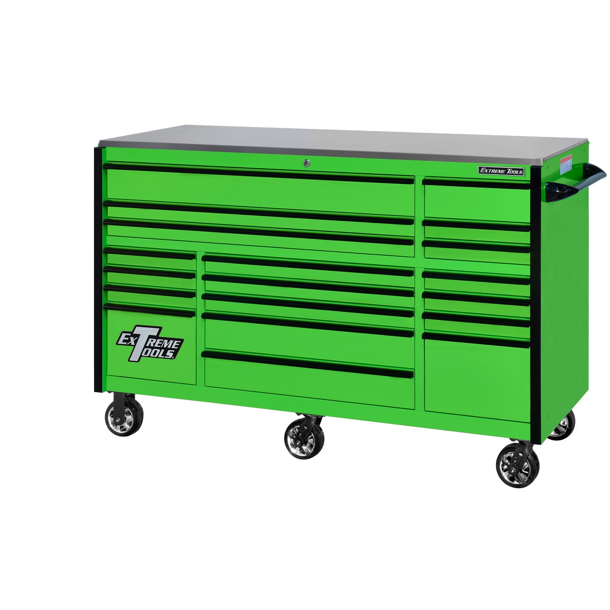 Servante d'atelier à roulettes Extreme Tools 72″ x 30″, 19 tiroirs avec glissières de 113 kg (250 lb), série RX 250