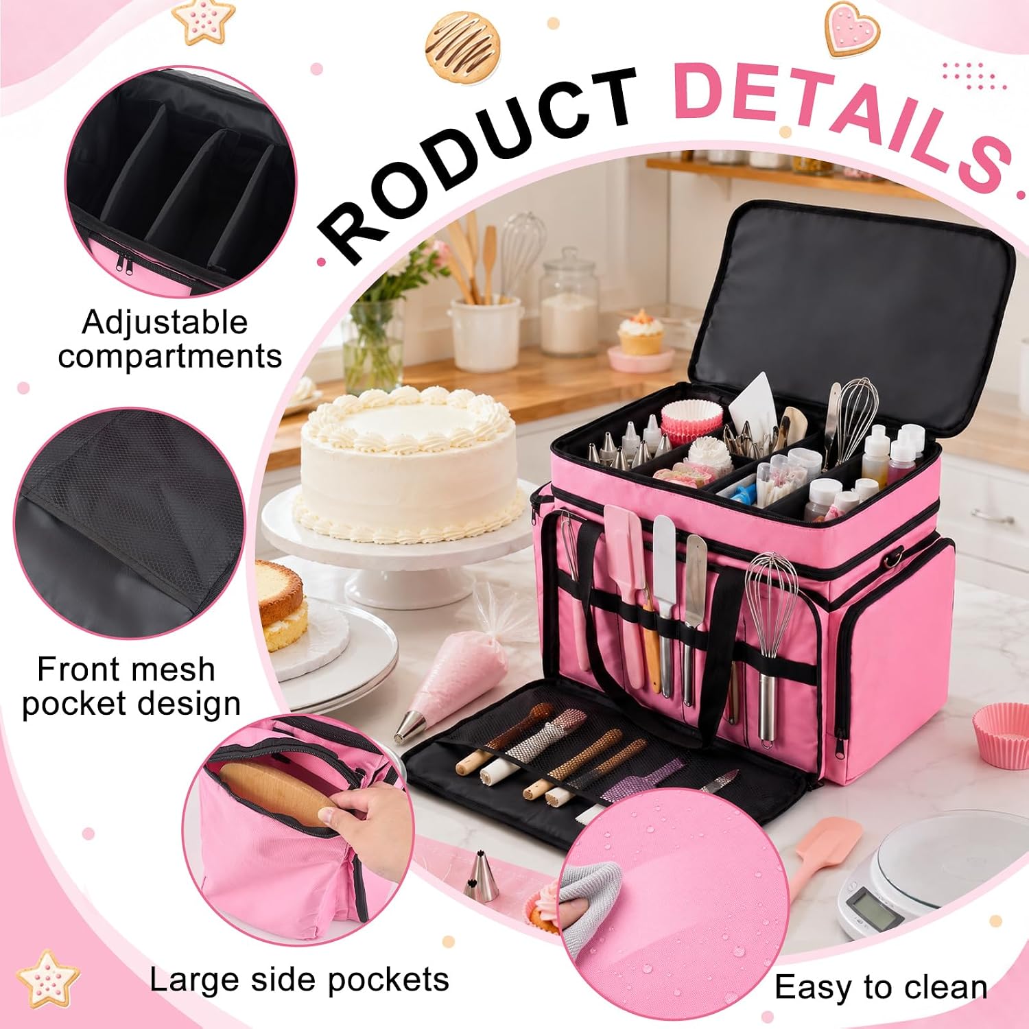Abbylike Pink Baking Supplies Storage Bag, chef bags, Cake Decorating Tool Organizer with Adjustable Shoulder Strap, Waterproof Baking Tool Caddy Fits Piping Tips Spatulas Cooking Mat Muffin Liners