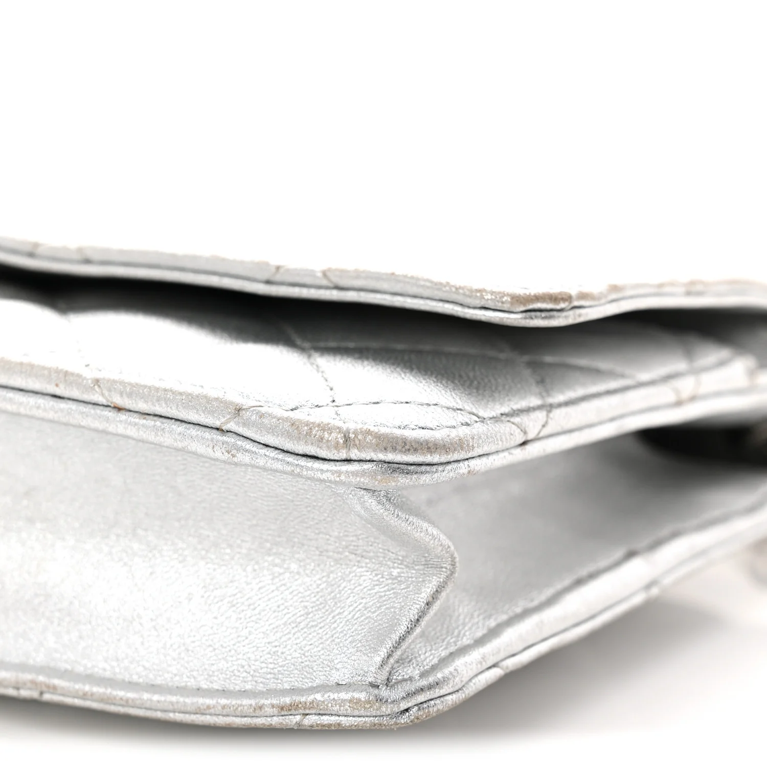 Metallic Lambskin Quilted Wallet On Chain WOC Silver