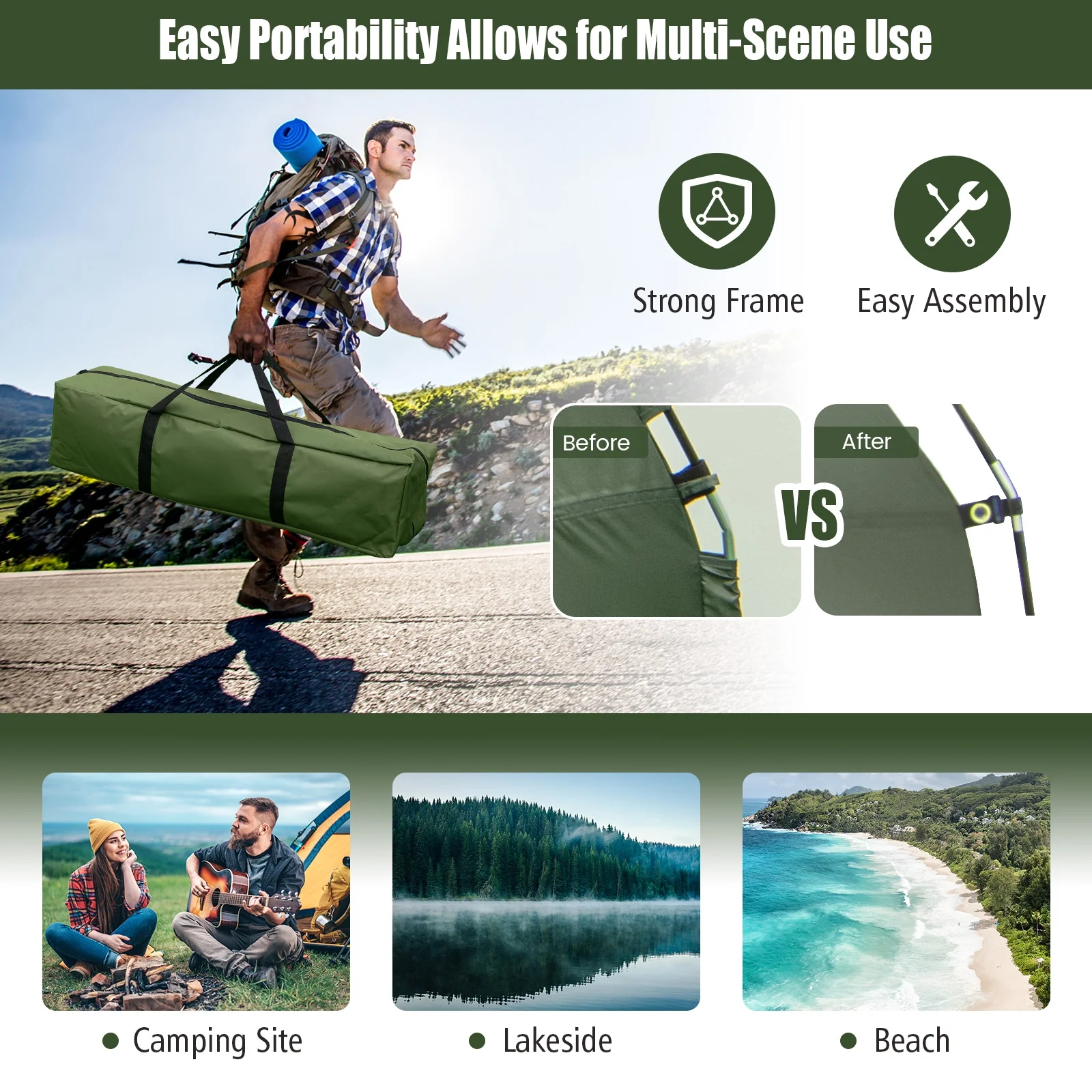 1-Person Folding Camping Tent Cot Portable Pop-Up Tent w/Sleeping Bag Air Mattress for Outdoor - Image 8