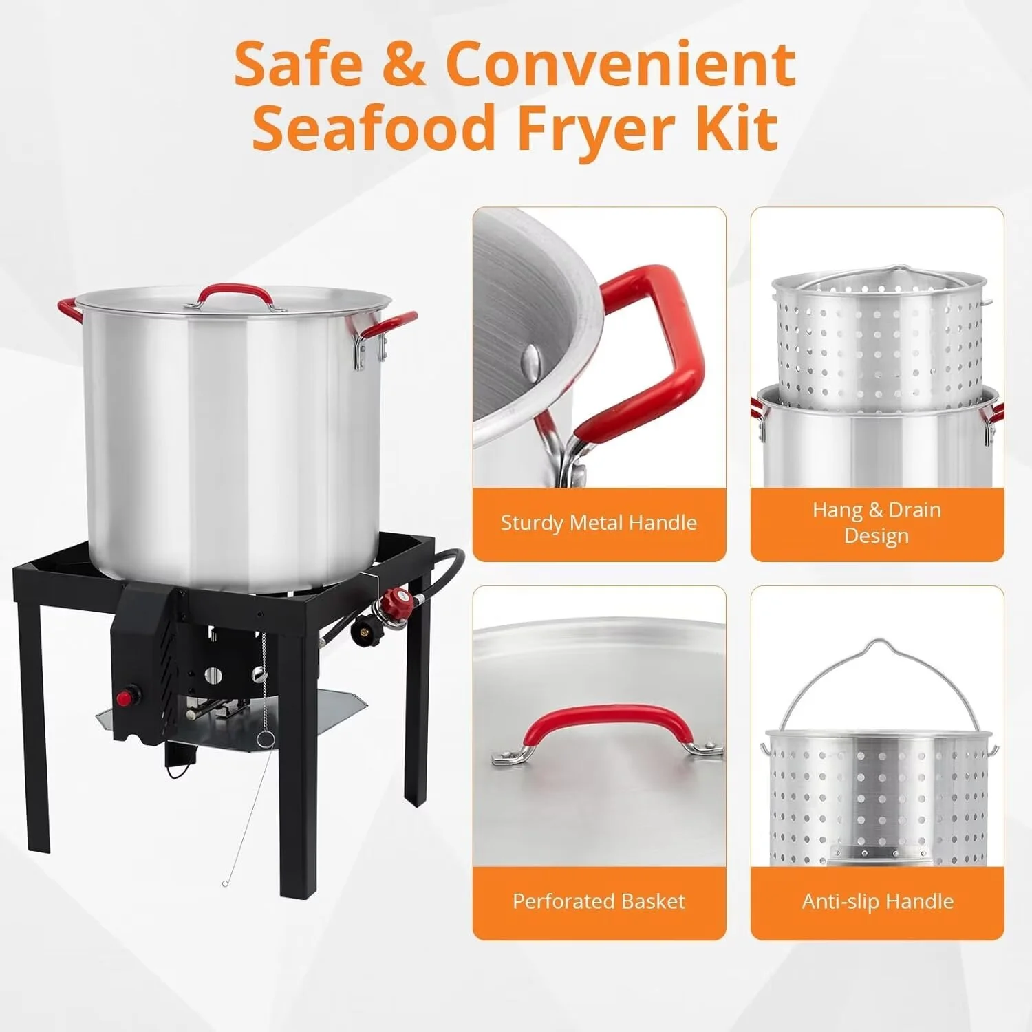 60 Qt Seafood Boiling Kit with Strainer, Outdoor Seafood Boil Pot and Basket with 110,000 BTUs Propane Jet Burner Lifting Hook, 10 PSI Regulator - Image 4