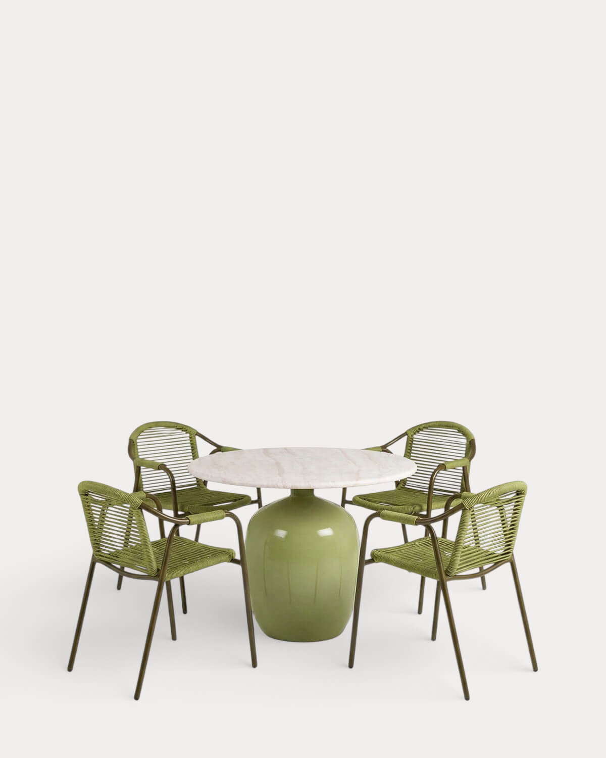 Set Uxue - Murna - Set de Mesa Redonda de Cemento (Ø100 cm) Uxue y 4 Sillas con Reposabrazos de Metal y Cuerda Murna de Exterior
