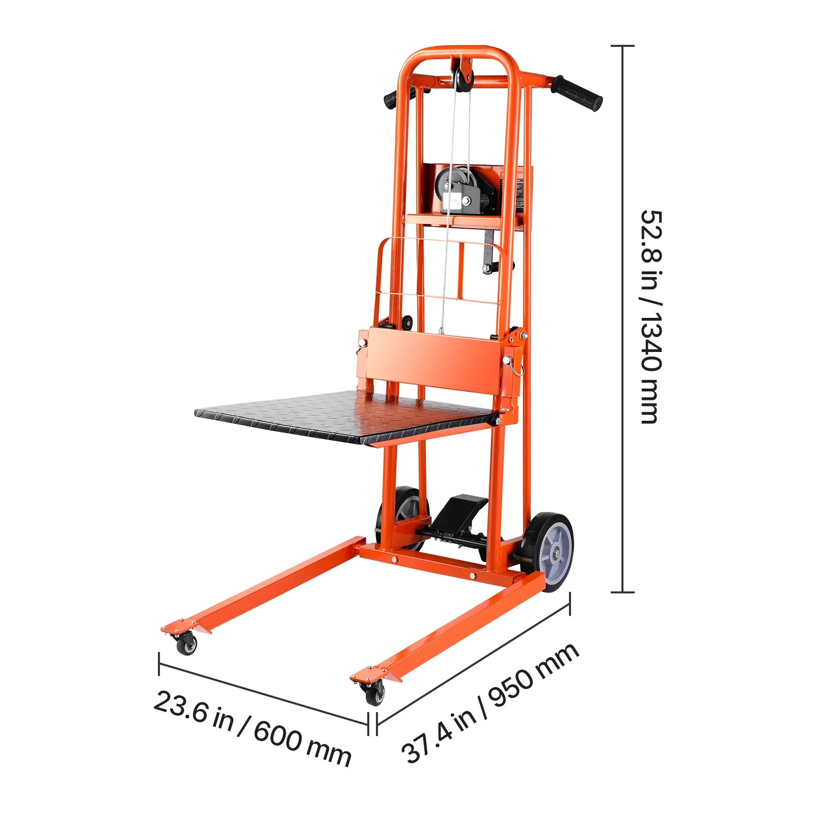 KFFKFF Manual Lift Stacker, Pallet Dolly with 330 lb Load Limit, Maximum Elevation of 42.9in, Winch Stacker, Versatile Pallet Truck Stacker Equipped with Rotating Wheels and Lifting Plate